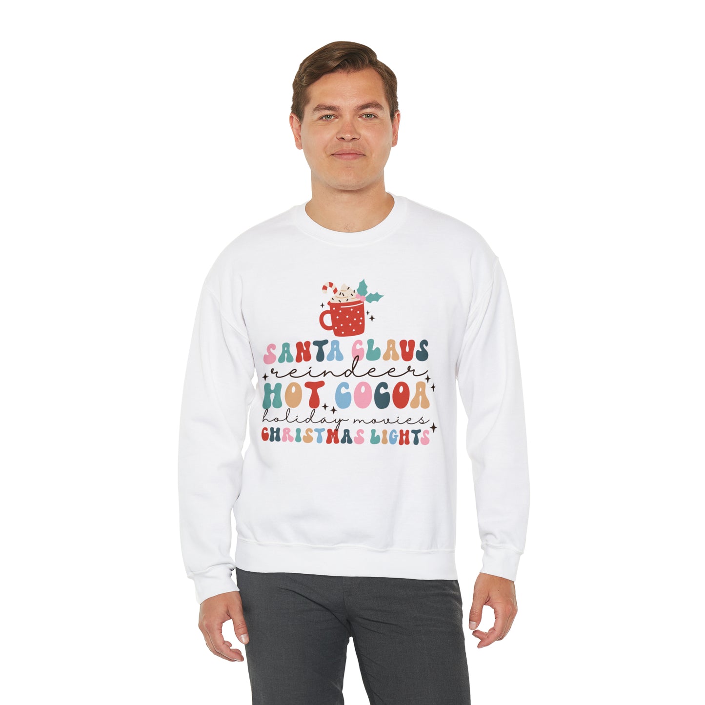 Santa Claus Reindeer Hot Cocoa Christmas Lights Heavyweight Crewneck Sweatshirt