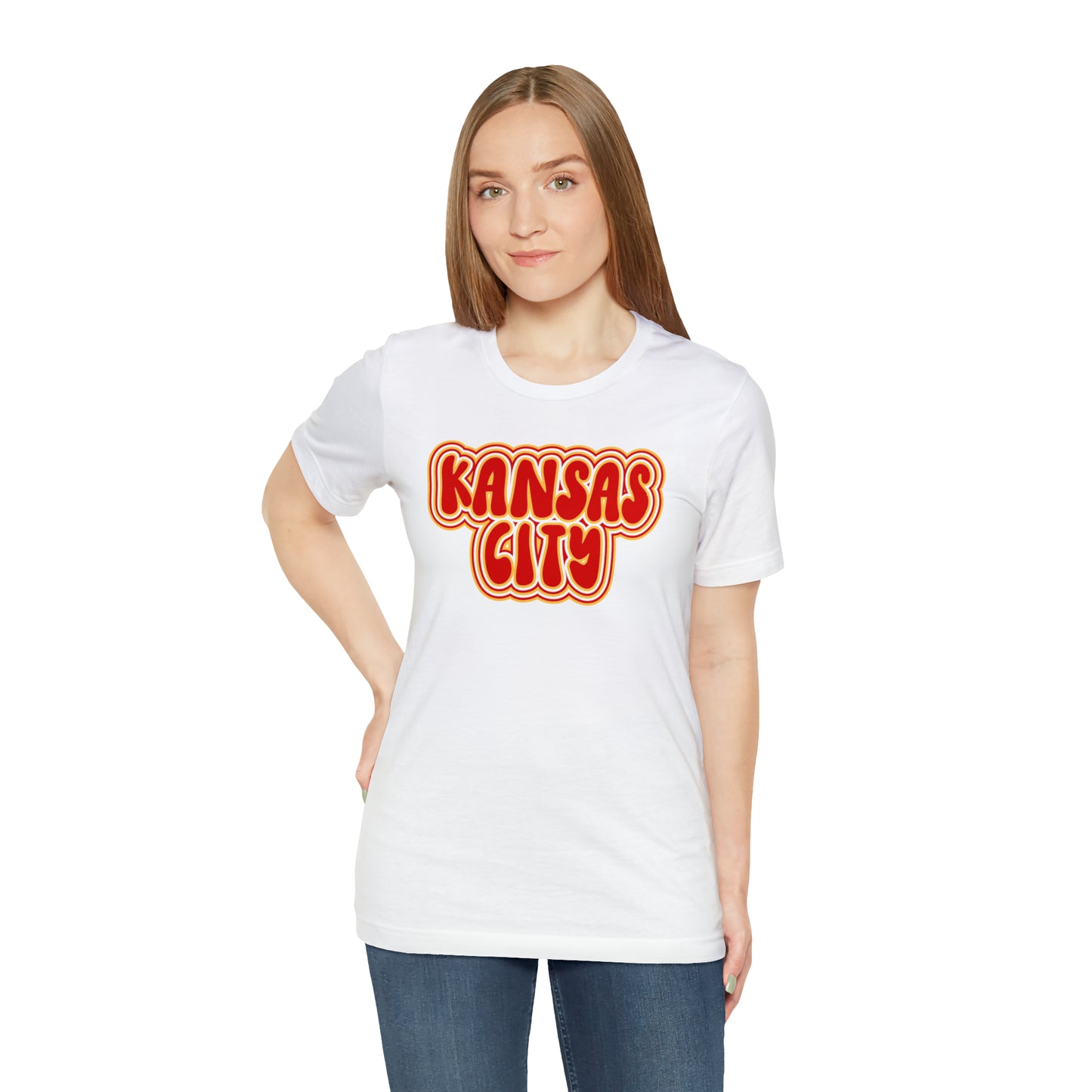 Swift Kelce Football Bubble Font Bella Jersey Short Sleeve Tee (Unisex) - Front and Back Design