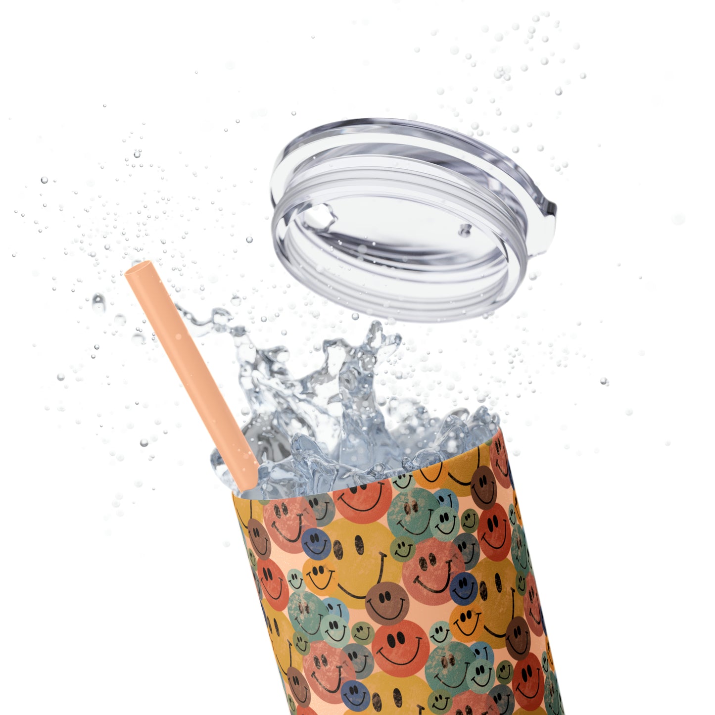 Old School Smiley Face Stickers Patterned Skinny Tumbler with Straw, 20oz