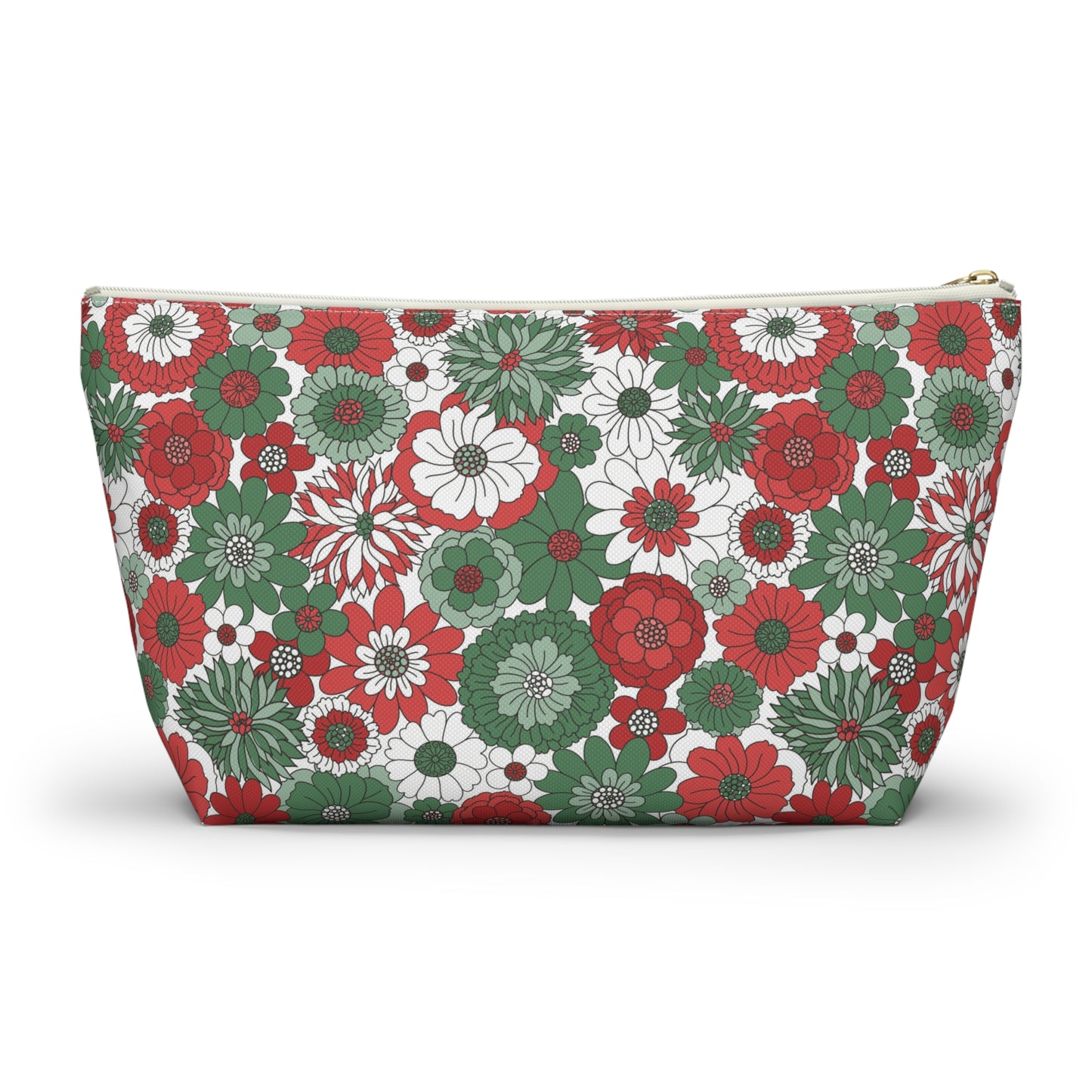 Retro Floral Christmas Red and Green Print Design Accessory Pouch w T-bottom