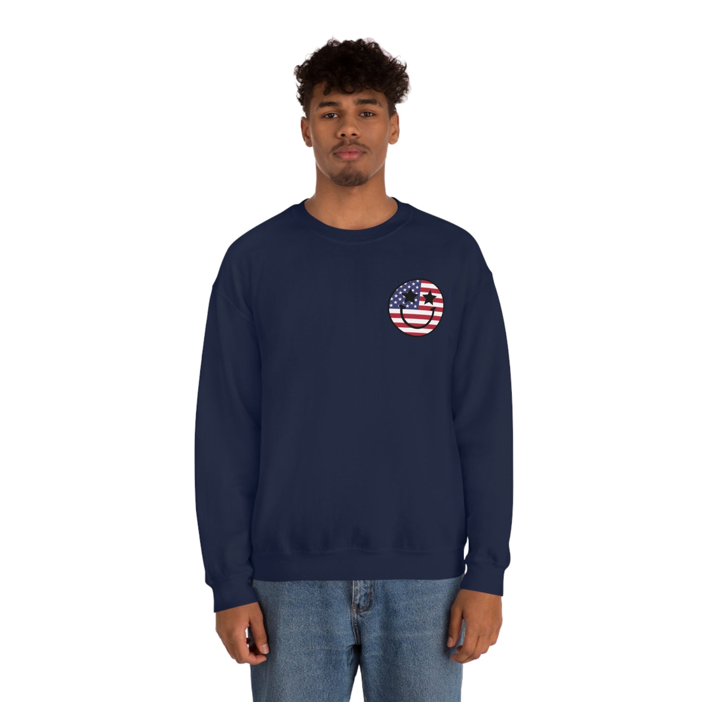 "Land of the Free Because of the Brave with Smiley Face Front" (Front & Back Design) - Unisex Heavy Blend™ Crewneck Sweatshirt
