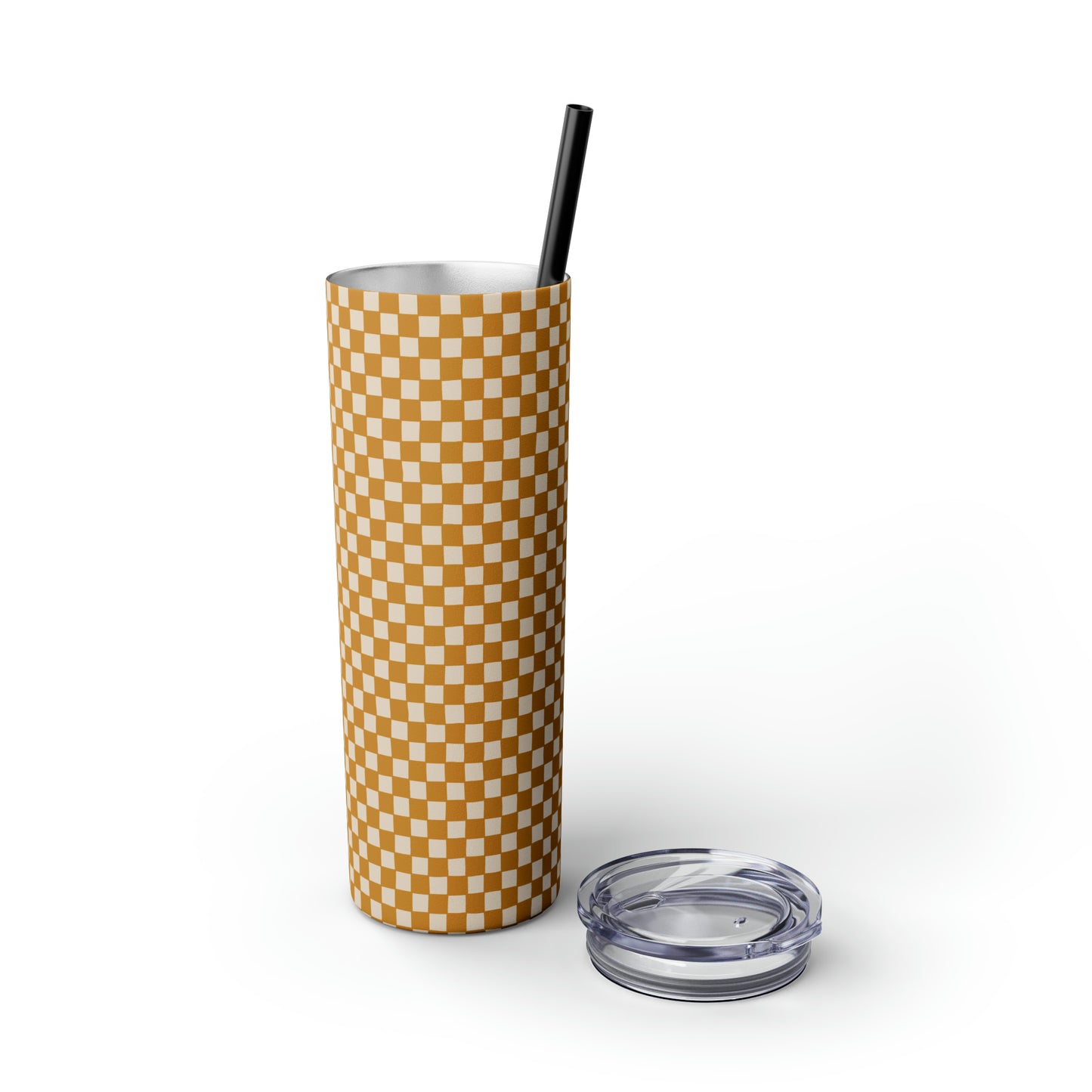 Boho Golden Checkerboard Print Skinny Tumbler with Straw, 20oz
