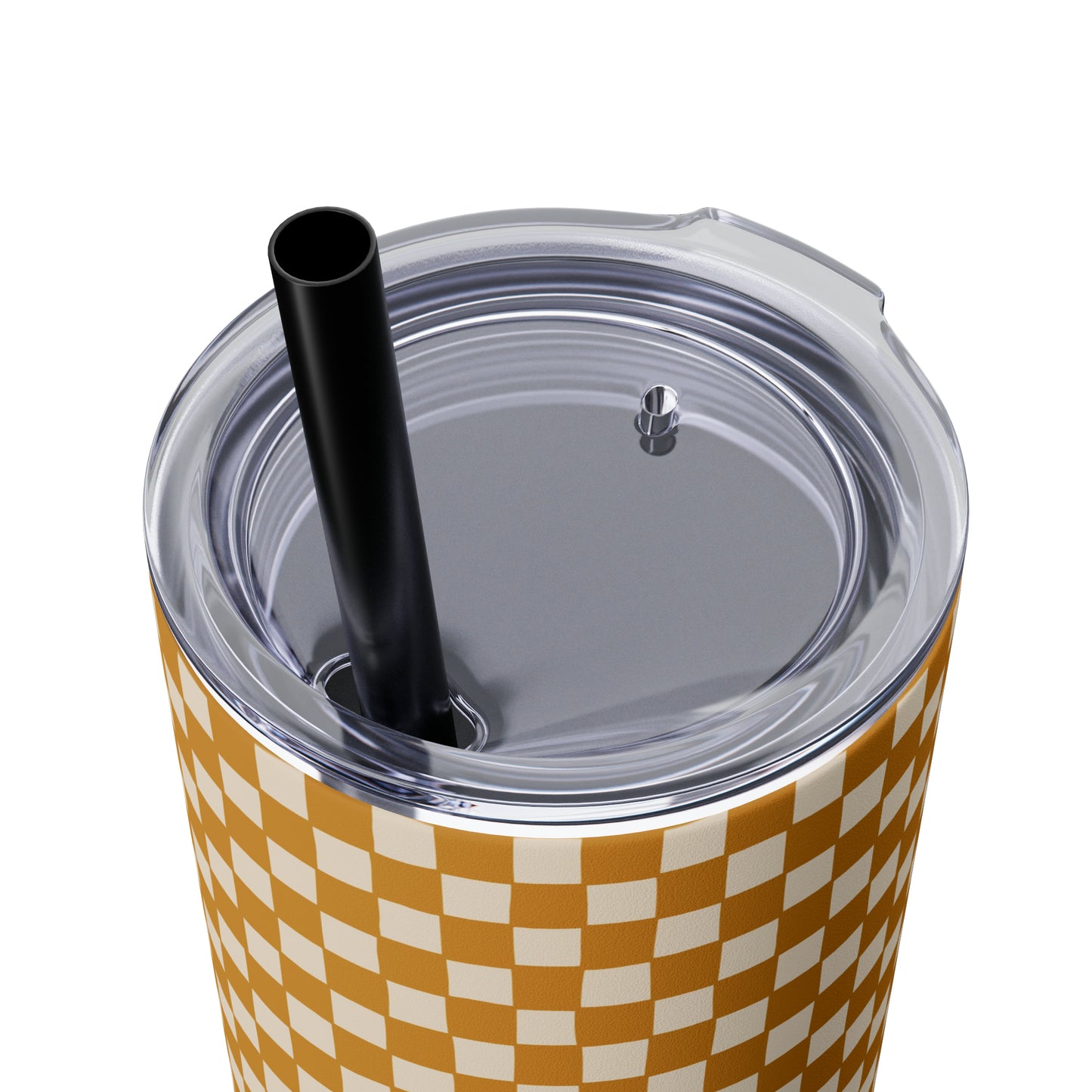 Boho Golden Checkerboard Print Skinny Tumbler with Straw, 20oz