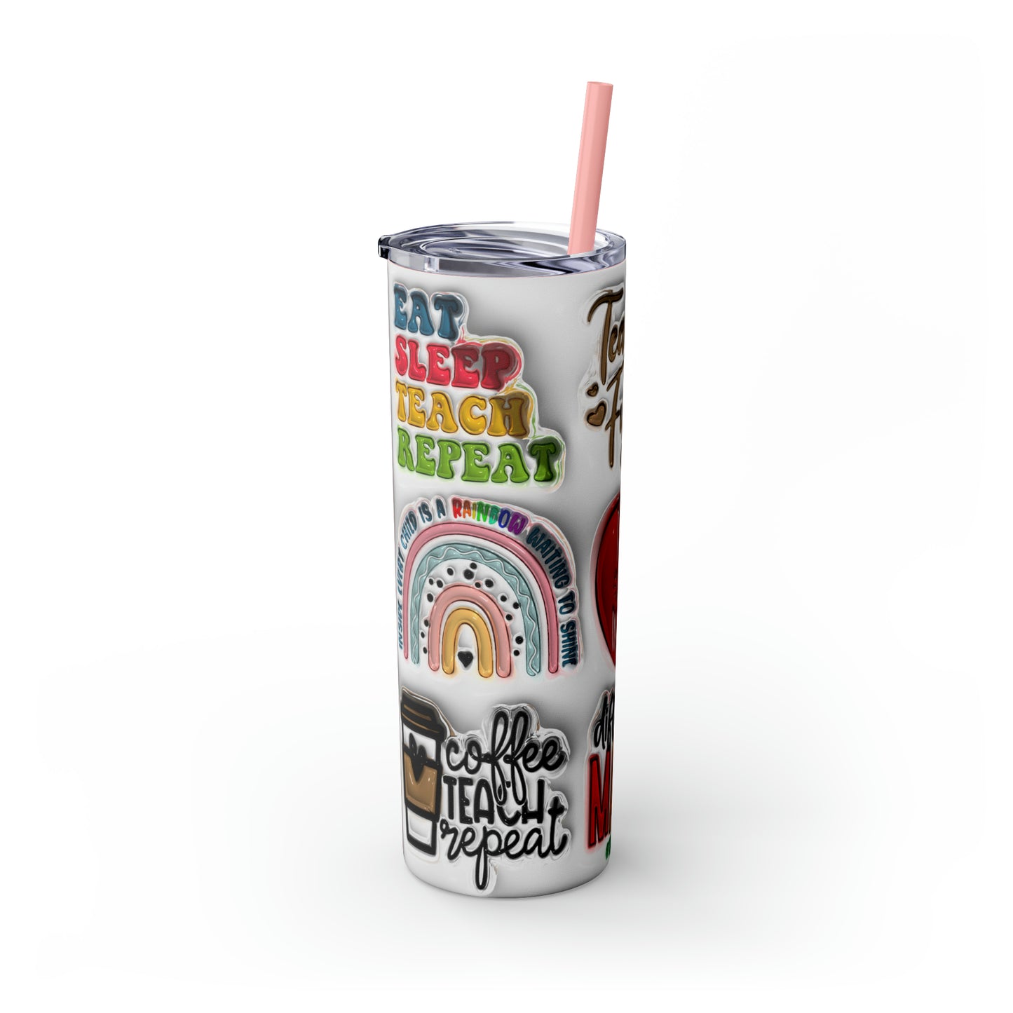 A+ Teacher Quotes Collage Skinny Tumbler with Straw, 20oz