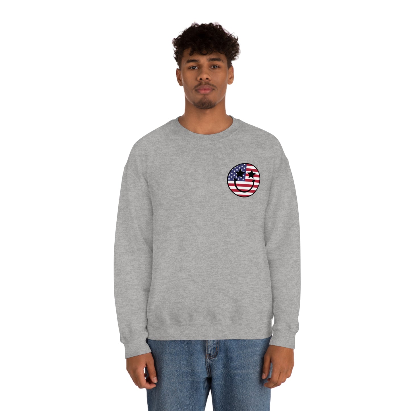 "Land of the Free Because of the Brave with Smiley Face Front" (Front & Back Design) - Unisex Heavy Blend™ Crewneck Sweatshirt