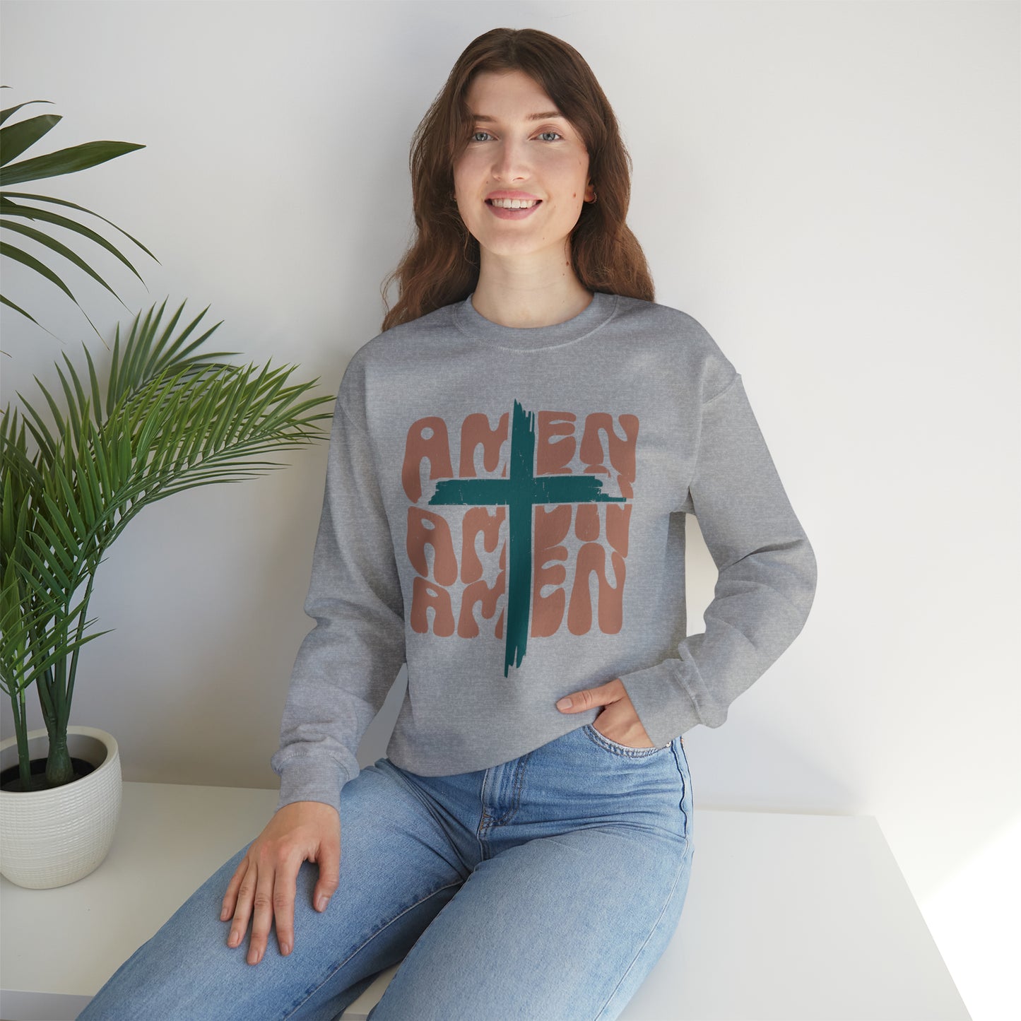 Vintage Amen Amen Amen with Cross Design Boho Color Print Heavy Blend™ Crewneck Sweatshirt