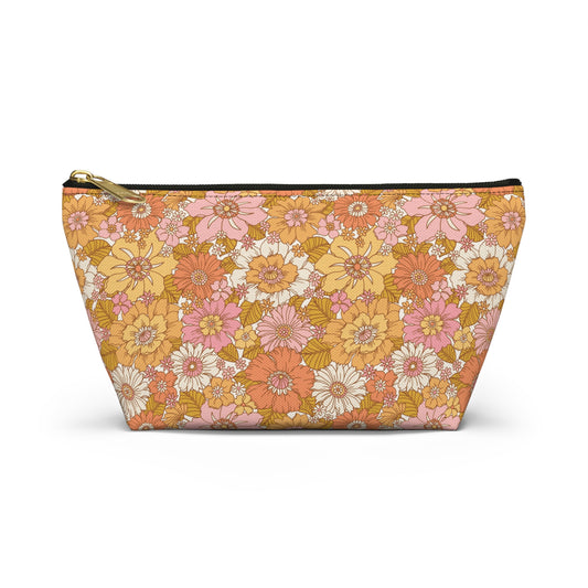 Peachy Golden Retro Floral Print Design Accessory Pouch w T-bottom