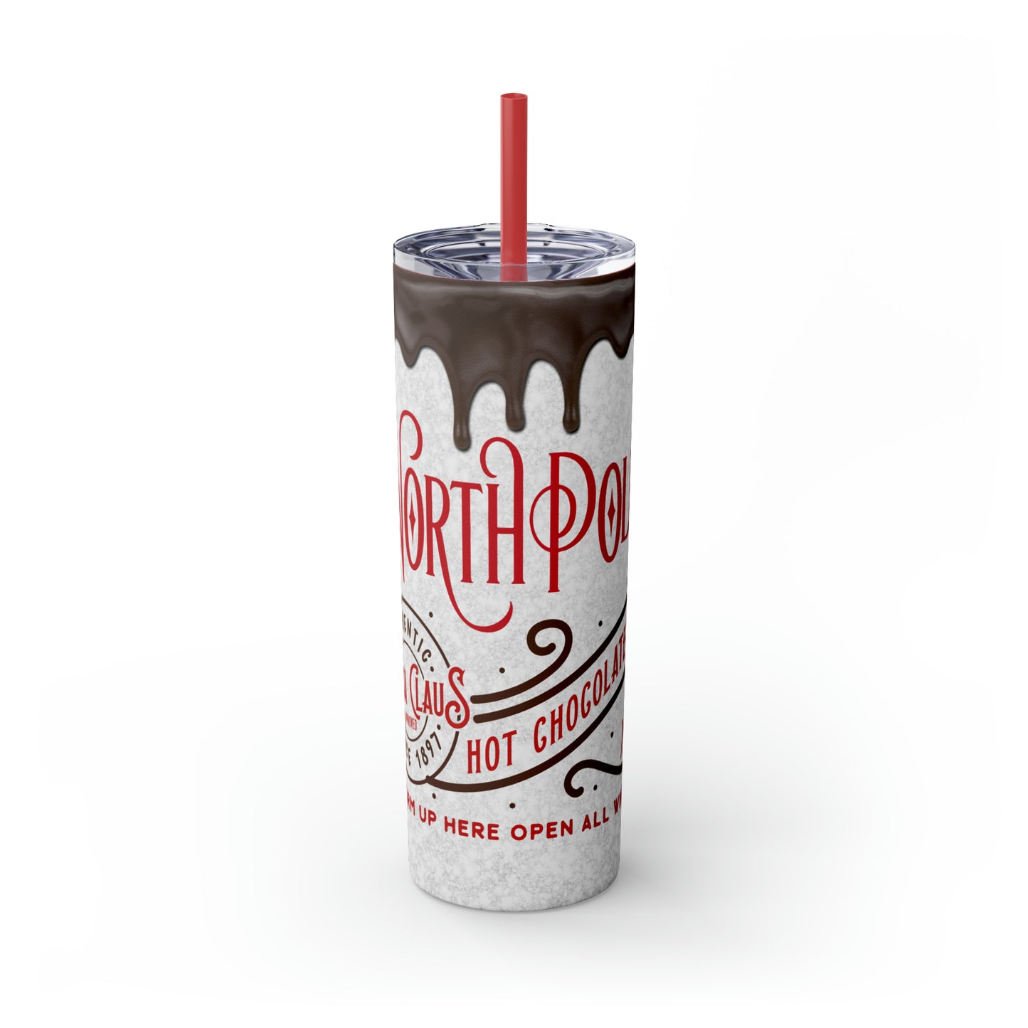 North Pole Santa Claus Hot Chocolate Co. Christmas/ Holiday Skinny Tumbler with Straw, 20oz