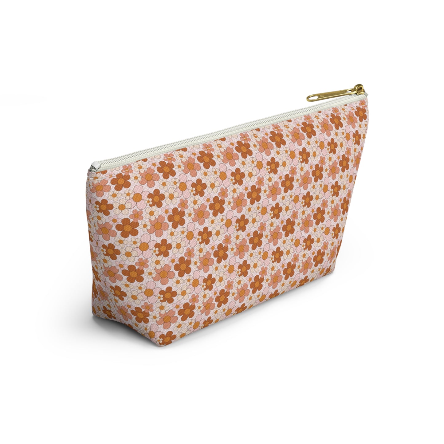 Retro Small Daisy Pink/Rust Floral Print Design Accessory Pouch w T-bottom