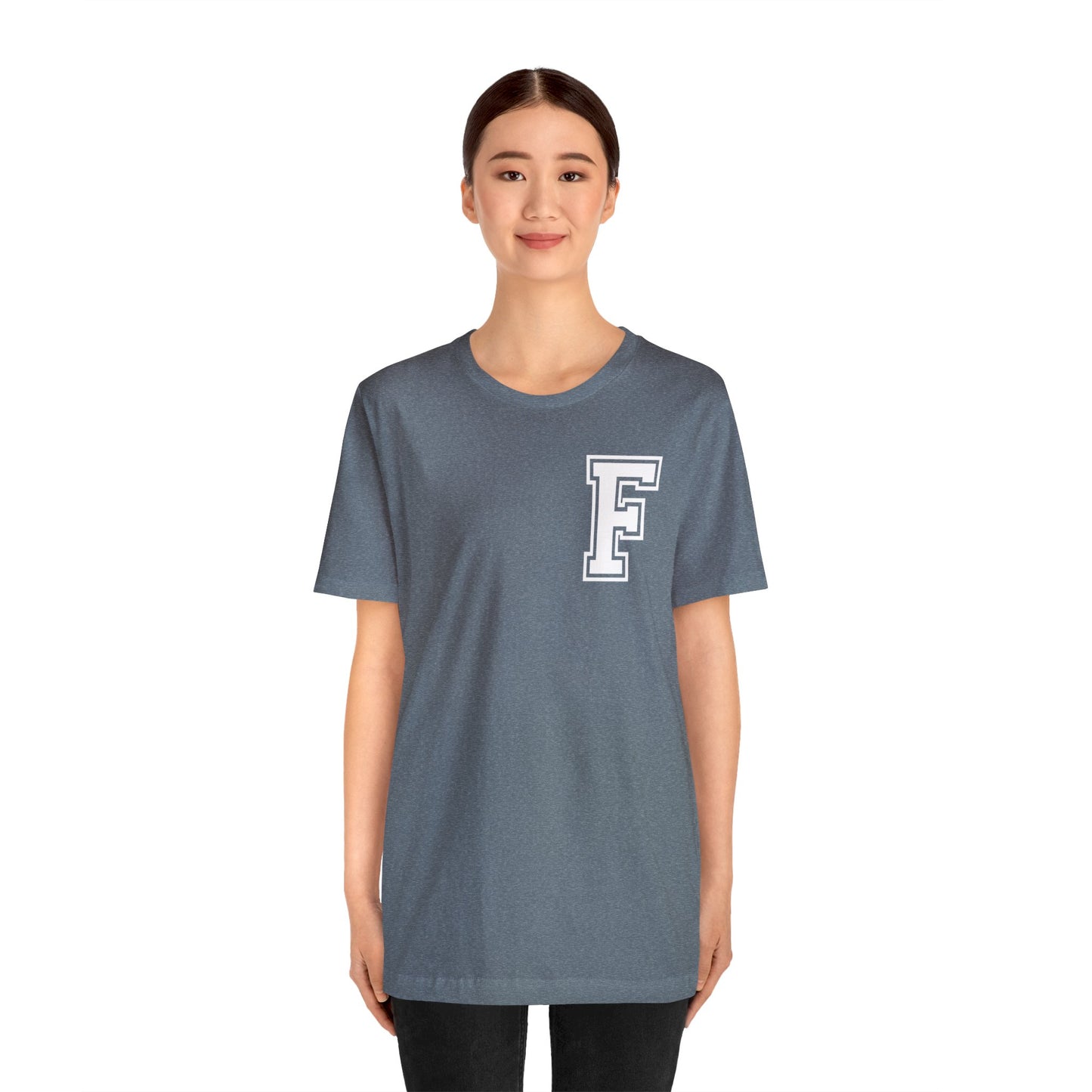 Front and Back Design - Varsity F Vertical Freeburg Midgets Logo Bella Jersey Short Sleeve Tee (Unisex)