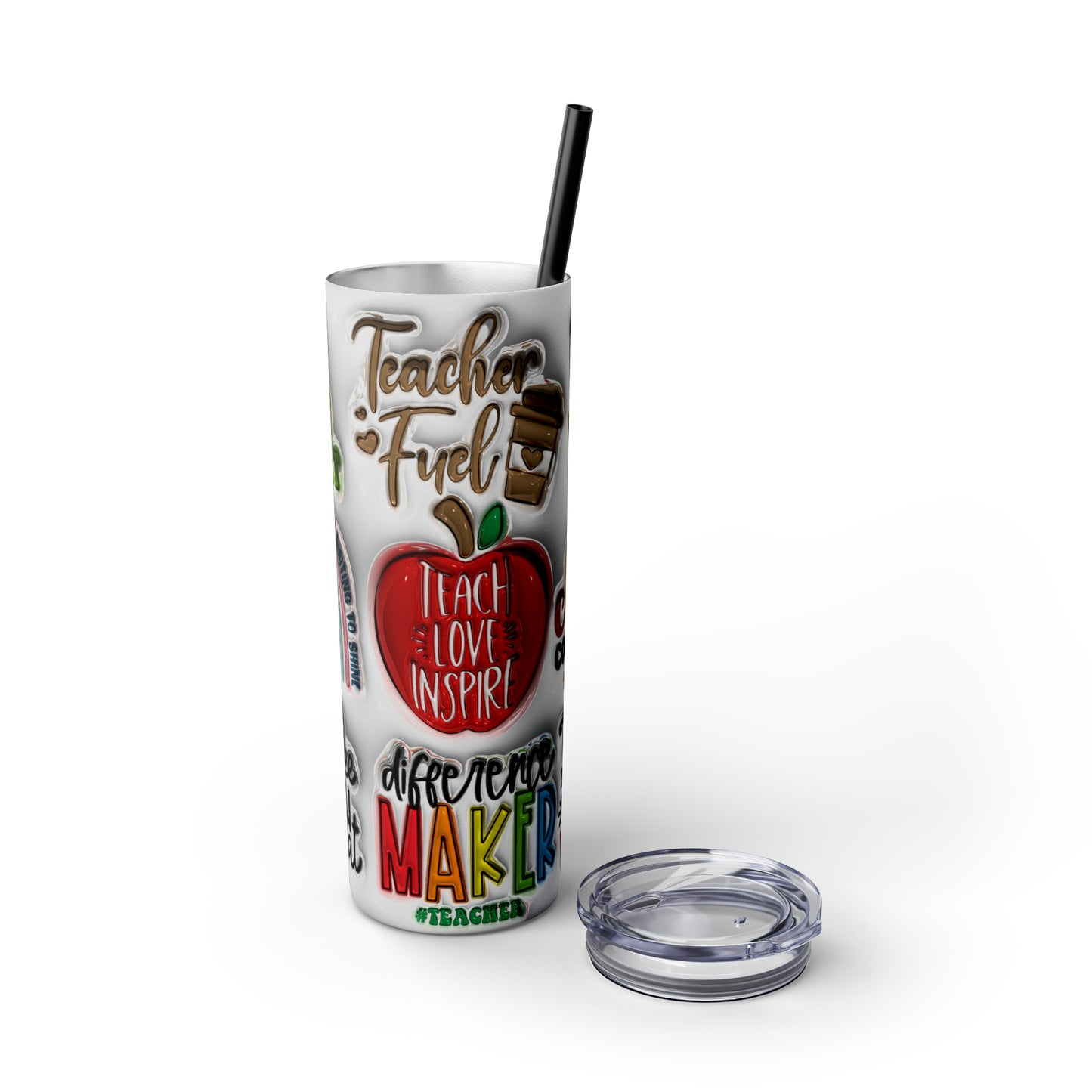 A+ Teacher Quotes Collage Skinny Tumbler with Straw, 20oz
