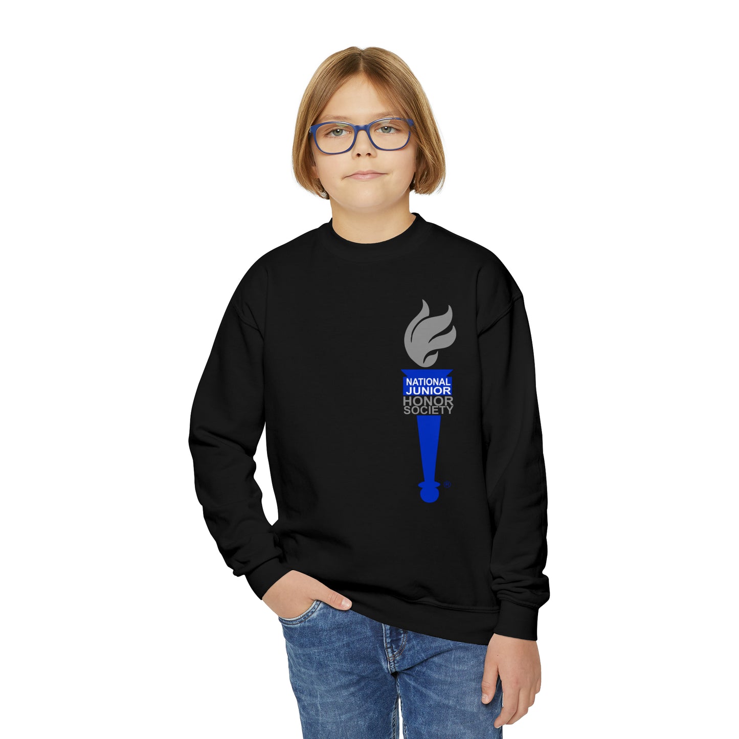 YOUTH - Front and Back Design - National Junior Honor Society Royal Torch (front) and Circular Character Torch (back) Youth Crewneck Sweatshirt
