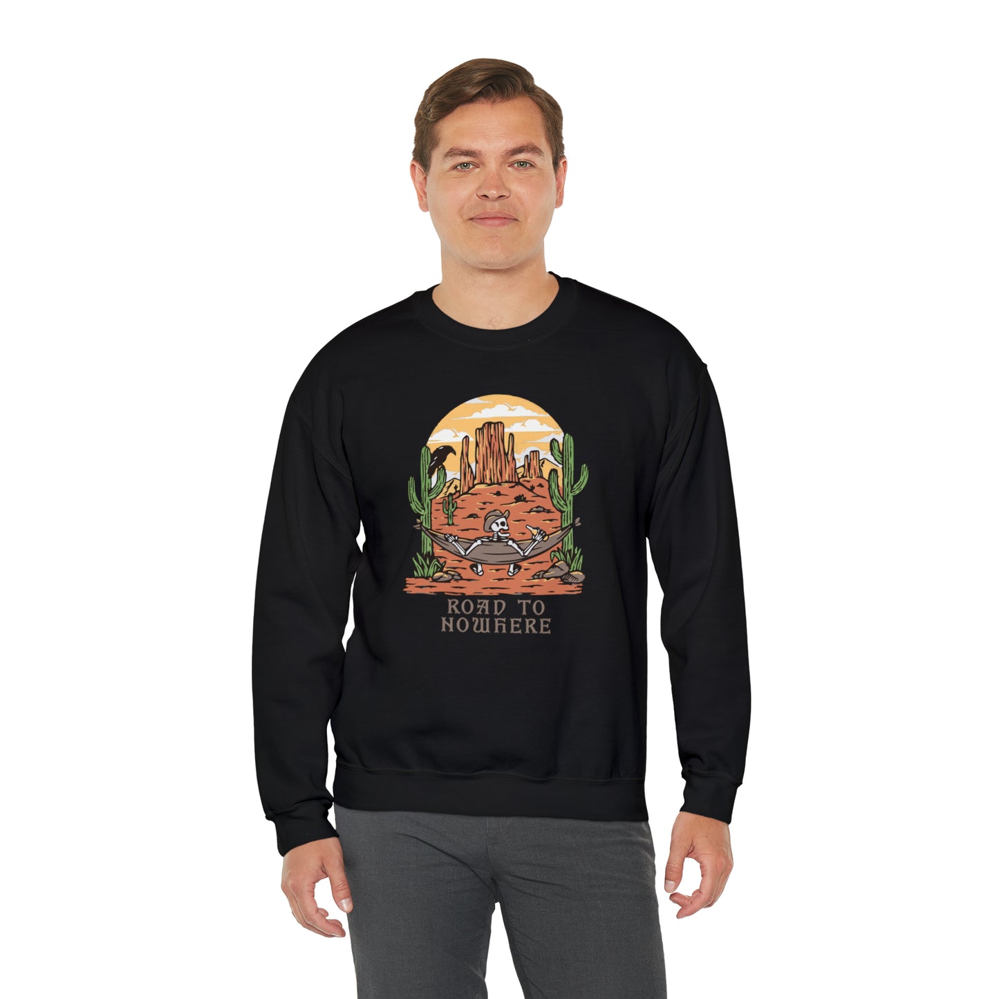 Road to Nowhere Skeleton Fall Halloween Retro Warm Colored Unisex Heavy Blend™ Crewneck Sweatshirt