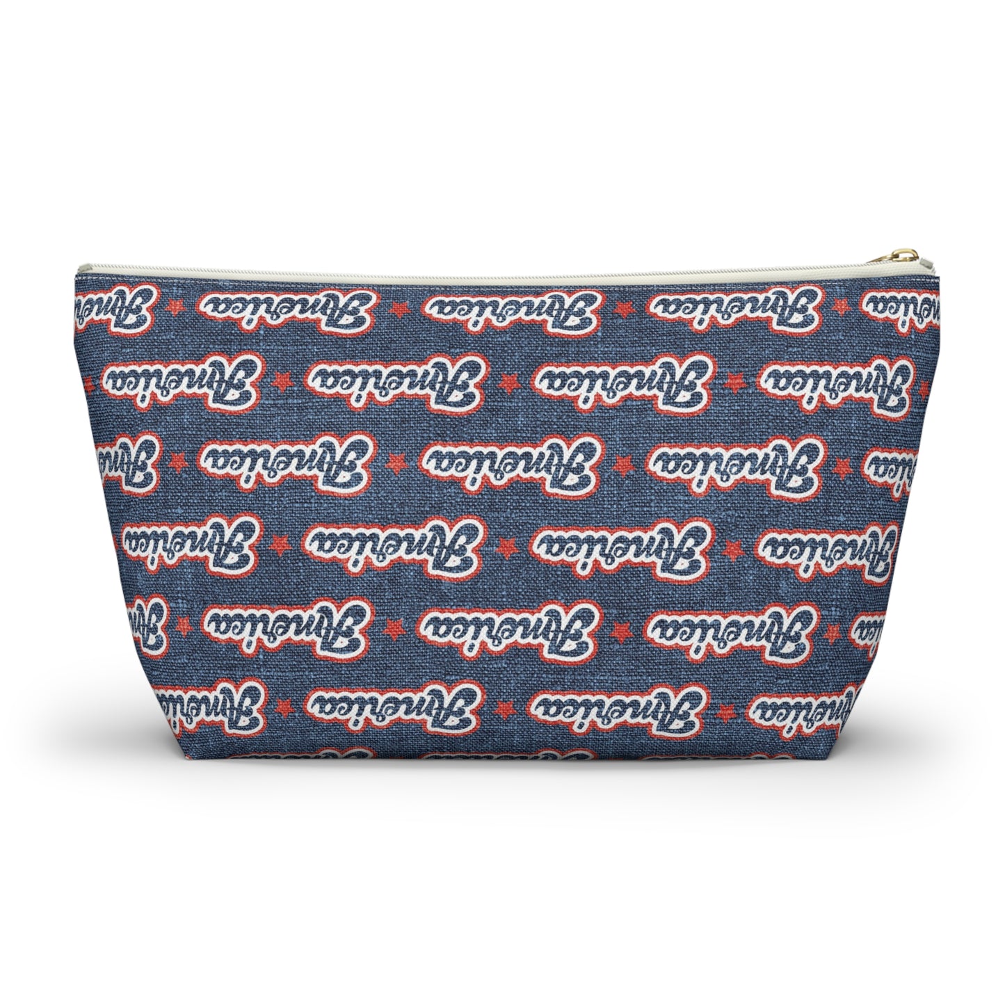 USA Retro American Red and Blue Linen Print Design Accessory Pouch w T-bottom