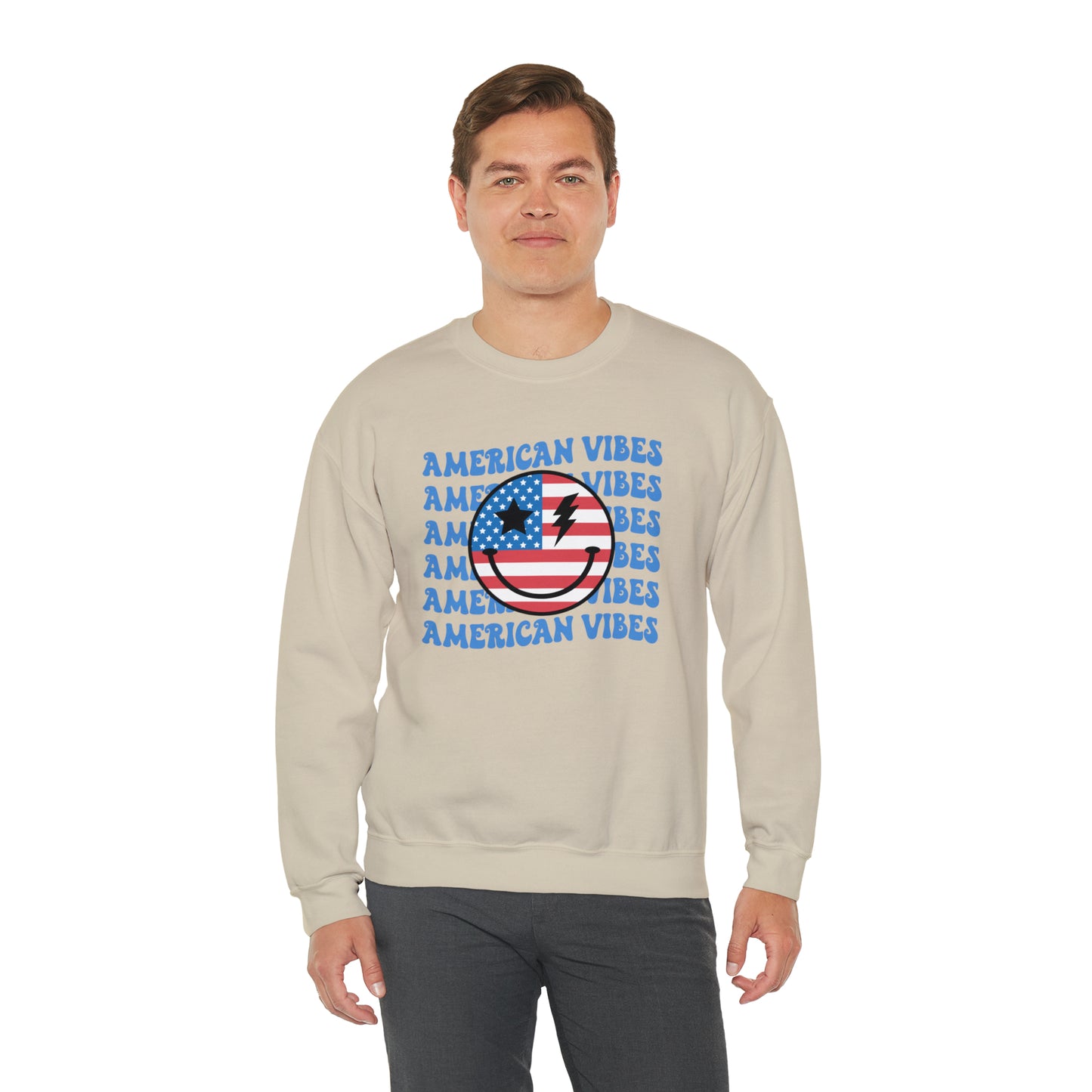 USA American Vibes Flag Smiley Face Heavy Blend™ Crewneck Sweatshirt