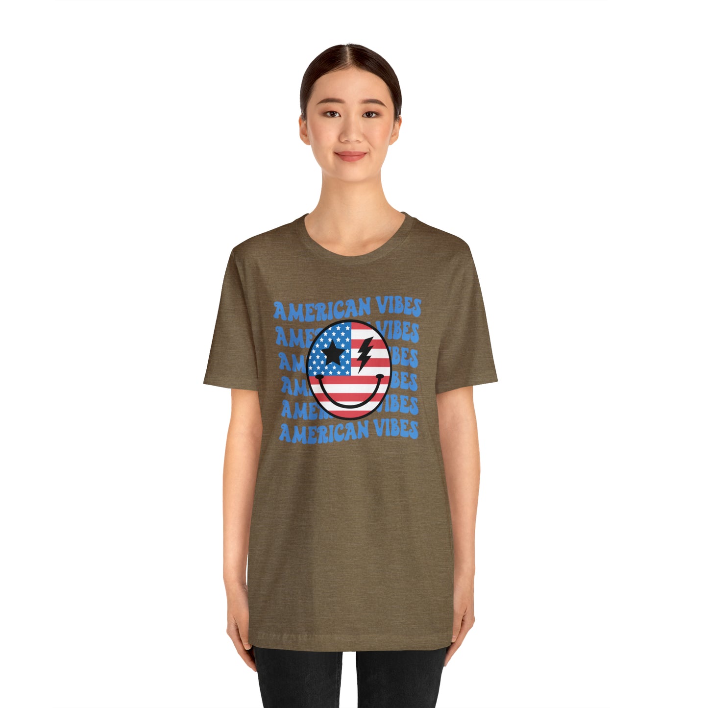 USA American Vibes American Flag Smiley Face Unisex Jersey Short Sleeve Tee