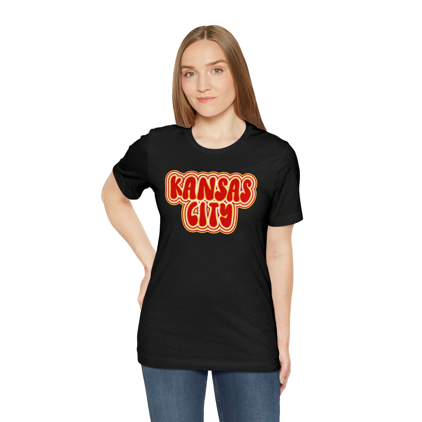 Swift Kelce Football Bubble Font Bella Jersey Short Sleeve Tee (Unisex) - Front and Back Design