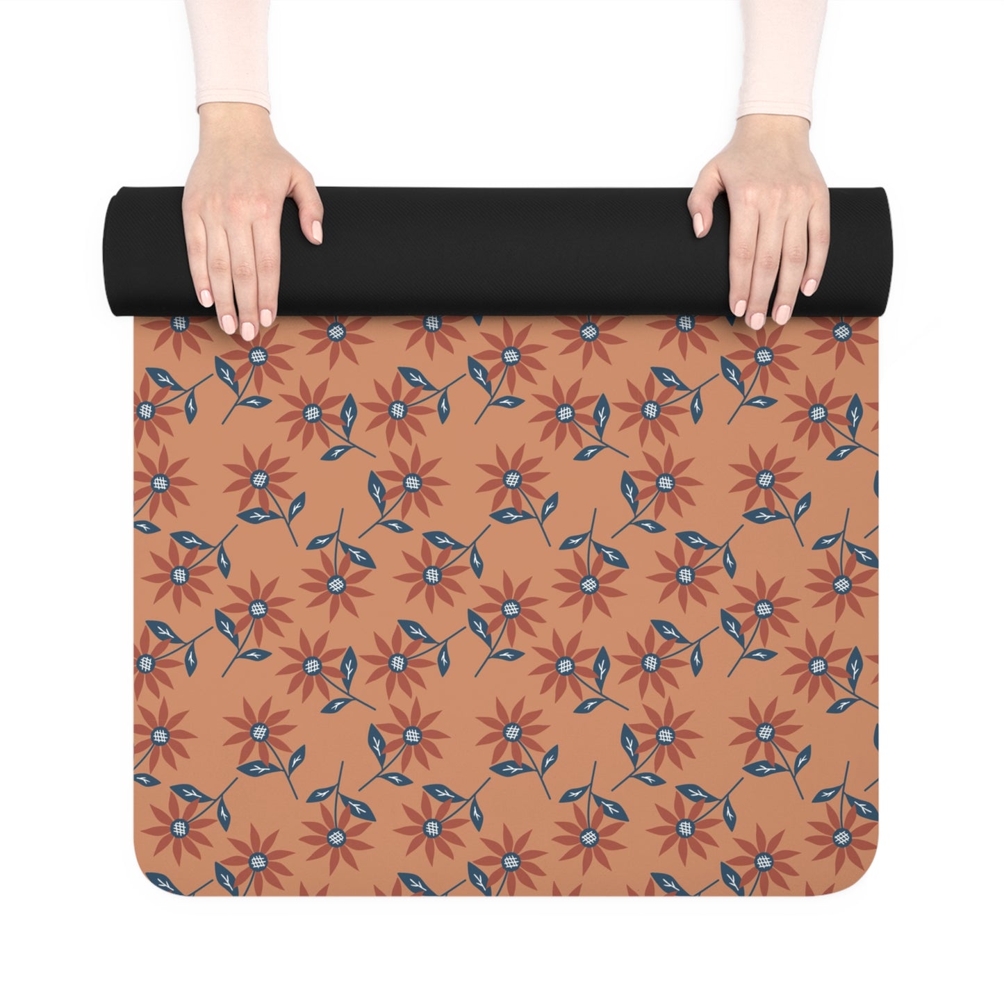 Rust and Blue Floral Boho Pattern Rubber Yoga Mat