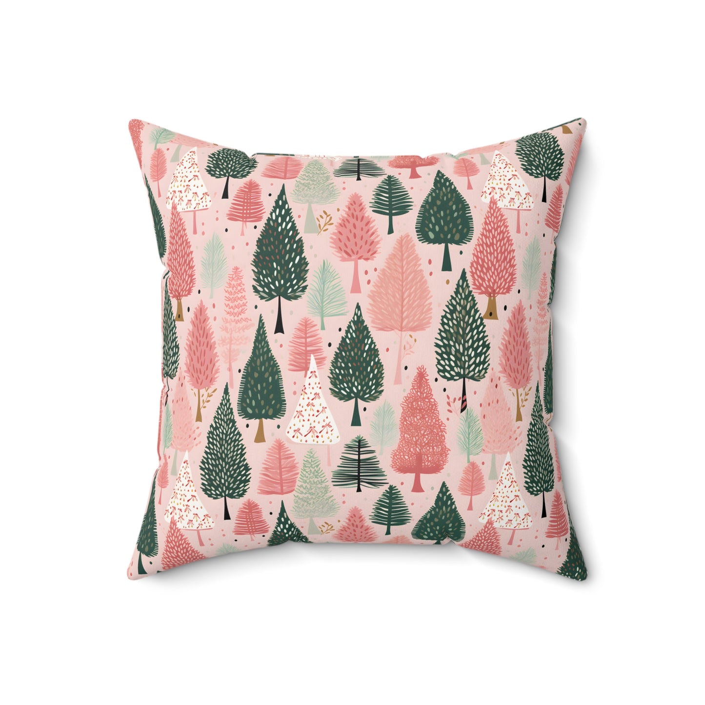 Boho Pink and Green Christmas Tree Print/ Holiday Polyester Square Pillow