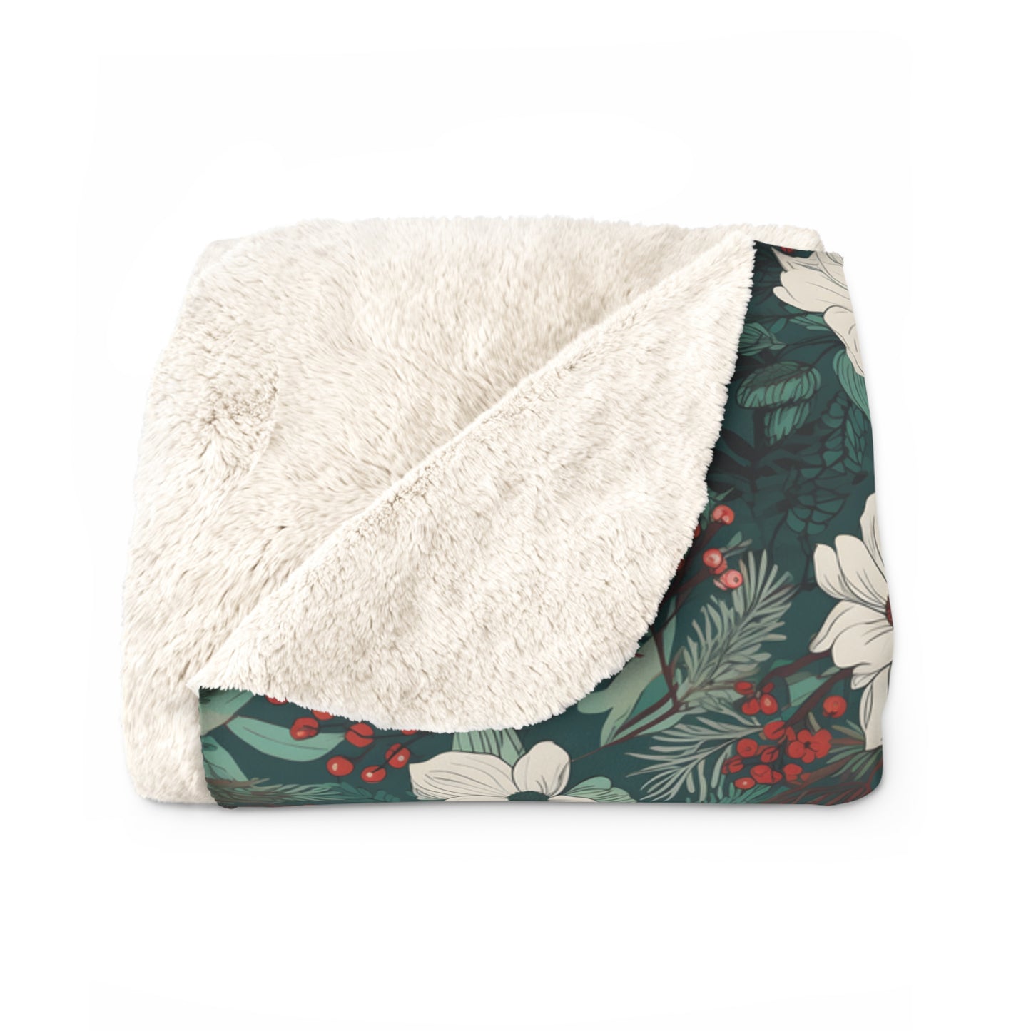 White and Red Floral Christmas Botanical Sherpa Fleece Blanket