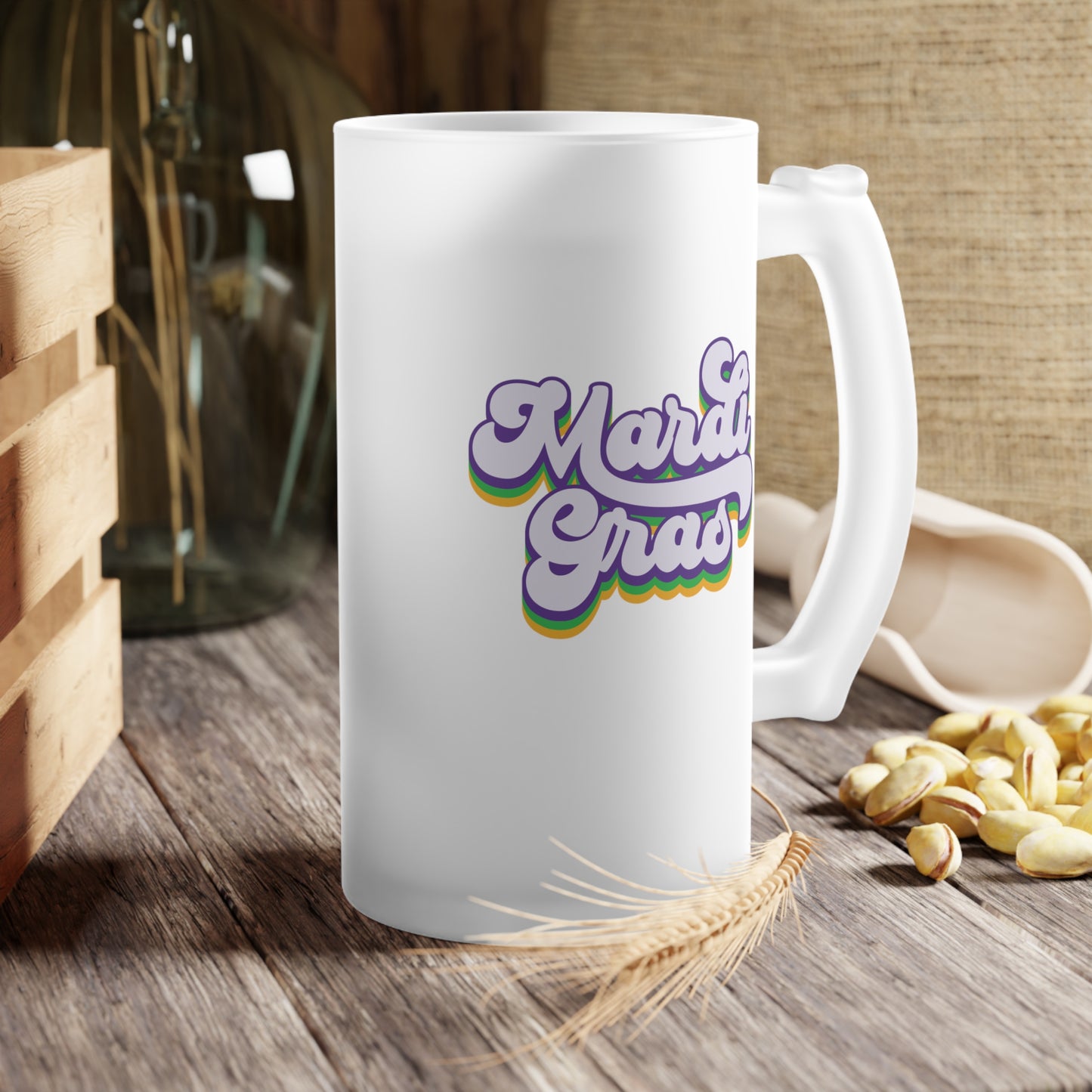 Mardi Gras Layered Rainbow Frosted Glass Beer Mug