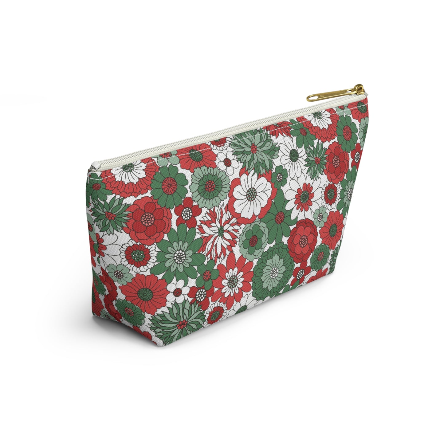 Retro Floral Christmas Red and Green Print Design Accessory Pouch w T-bottom