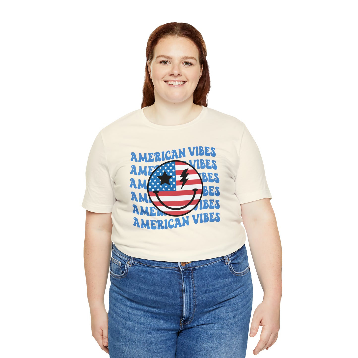 USA American Vibes American Flag Smiley Face Unisex Jersey Short Sleeve Tee