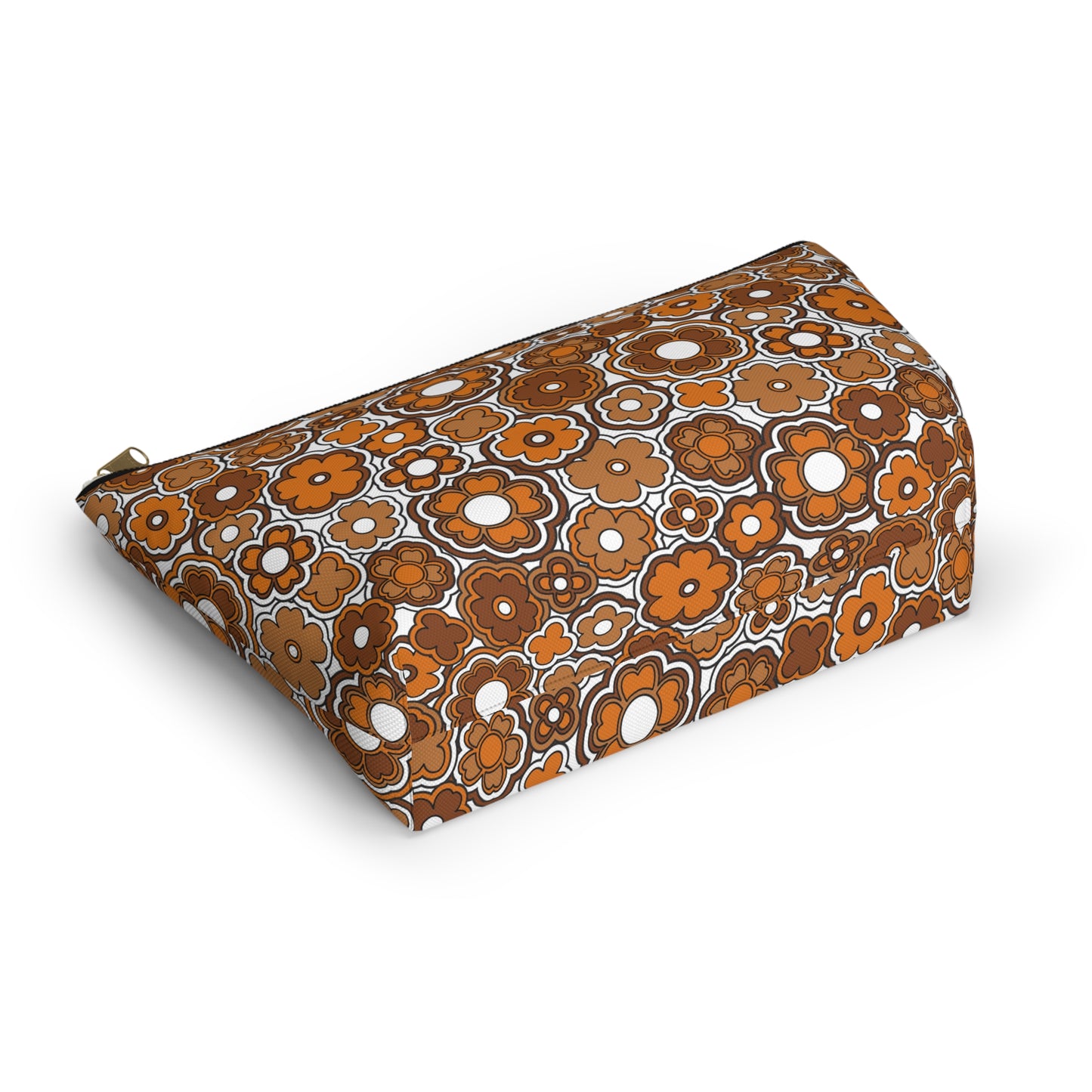 Flower Power Retro Brown Print Accessory Pouch w T-bottom