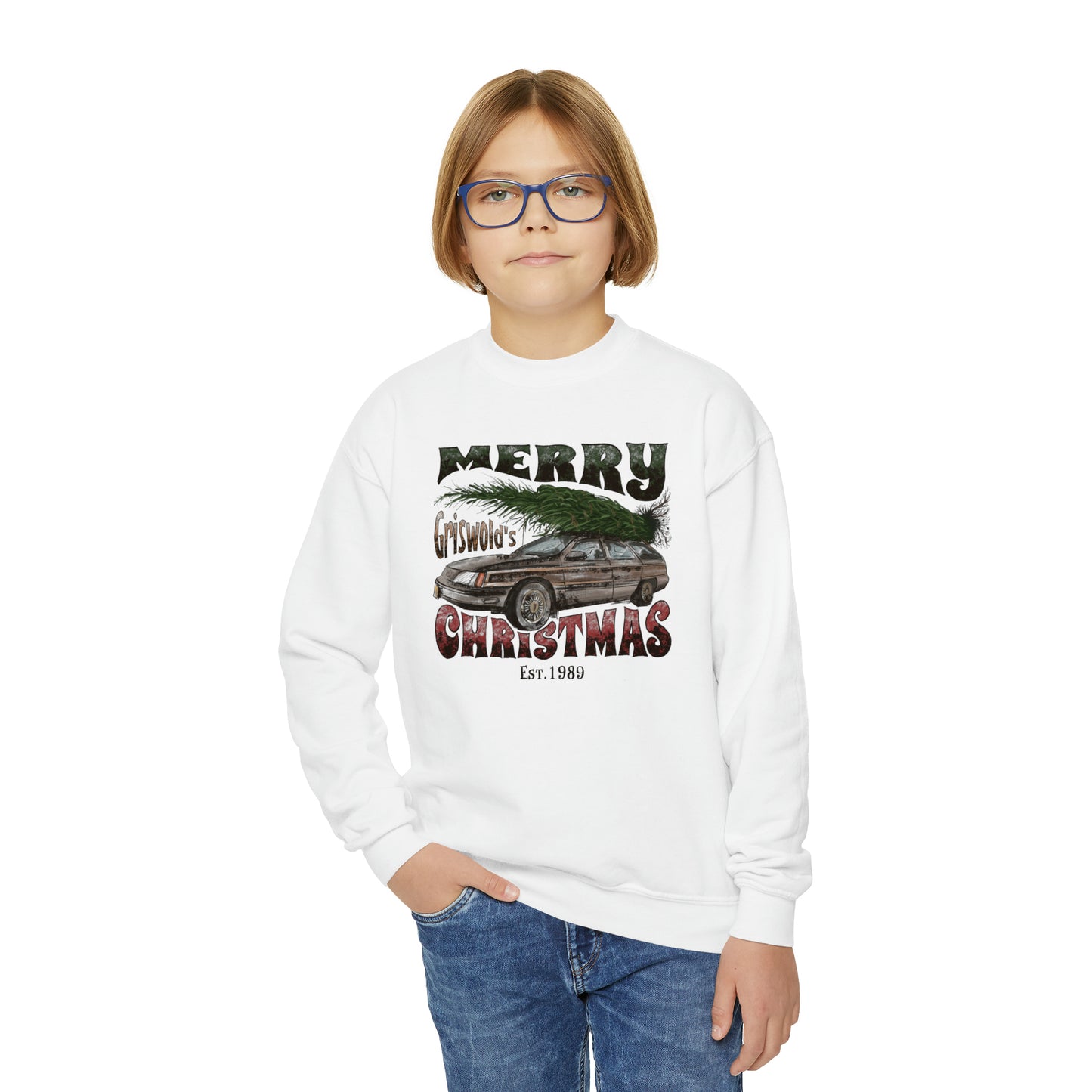 YOUTH - Merry Griswold's Christmas Tree Station Wagon Holiday Youth Crewneck Sweatshirt