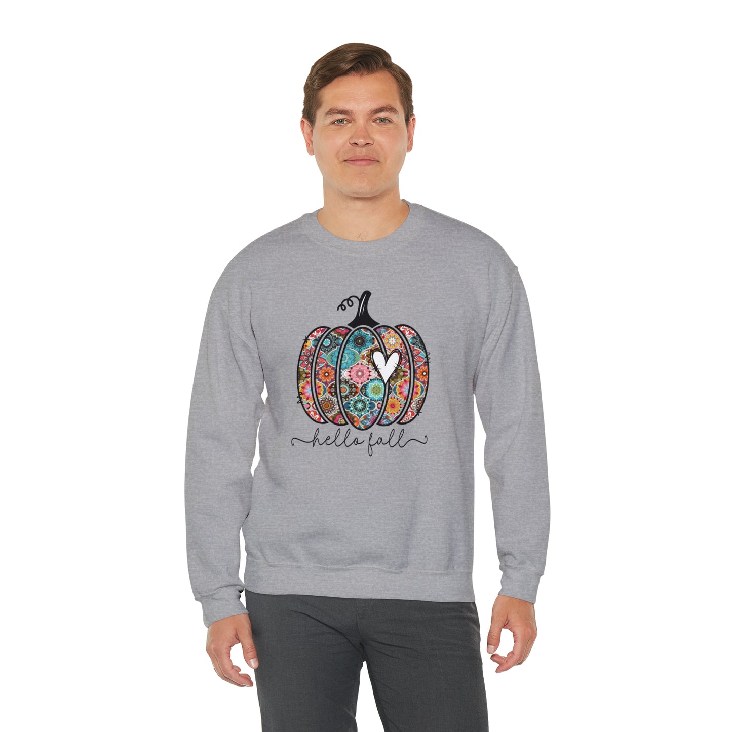Hello Fall Print Pumpkin Fall Halloween Retro Warm Colored Unisex Heavy Blend™ Crewneck Sweatshirt