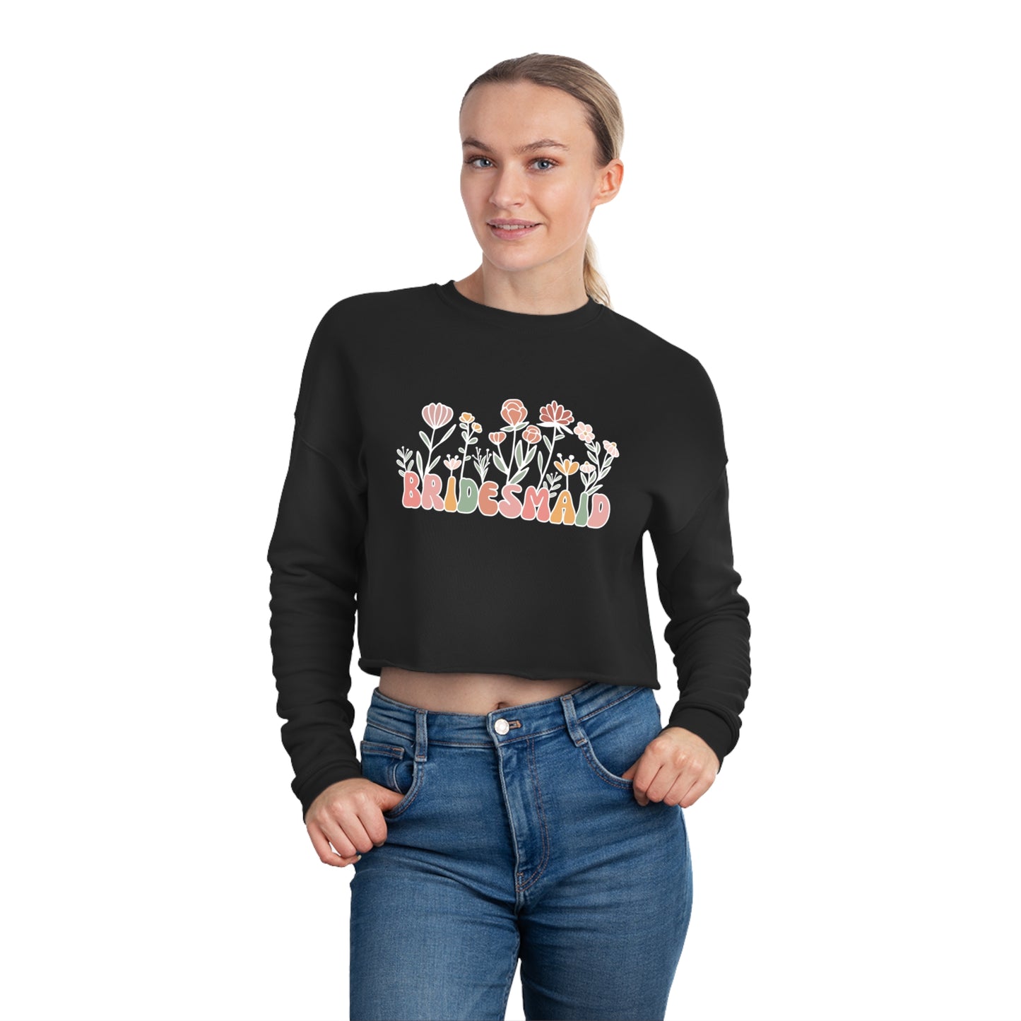 Bridesmaid Boho Floral  Women's Cropped Sweatshirt - Black