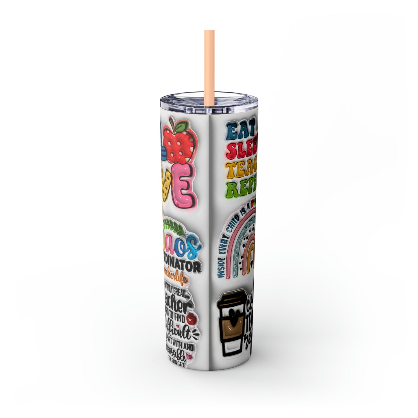 A+ Teacher Quotes Collage Skinny Tumbler with Straw, 20oz