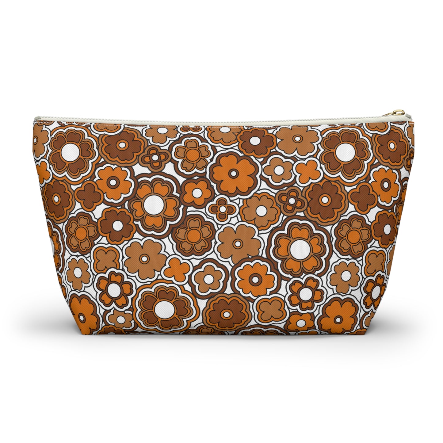 Flower Power Retro Brown Print Accessory Pouch w T-bottom