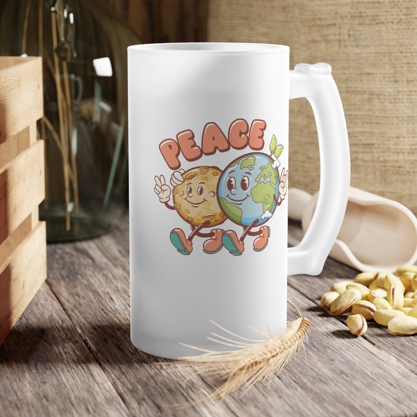 Earth and Moon Characters Peace Design Frosted Glass Beer Mug
