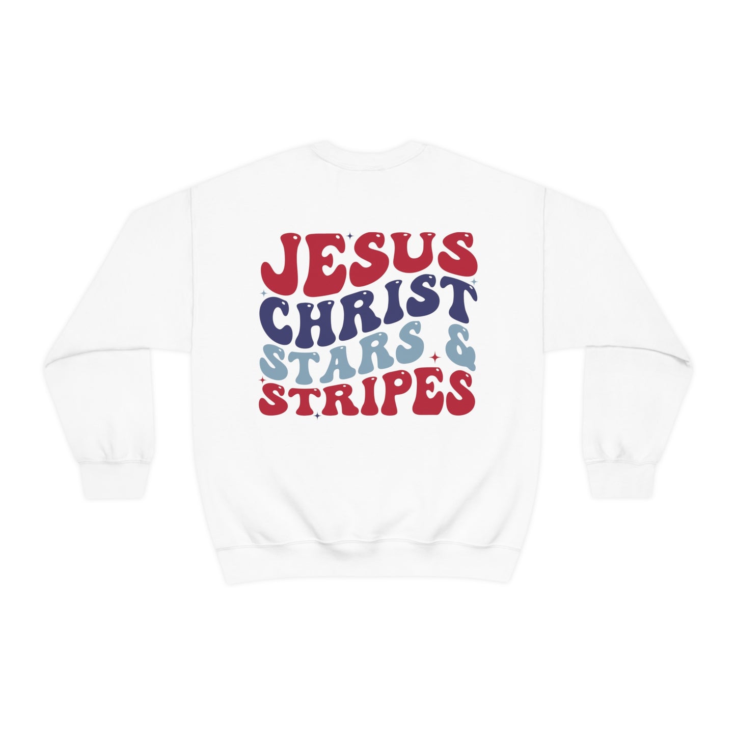 "Jesus Christ and Stars and Stripes" (Front & Back Design) - Unisex Heavy Blend™ Crewneck Sweatshirt