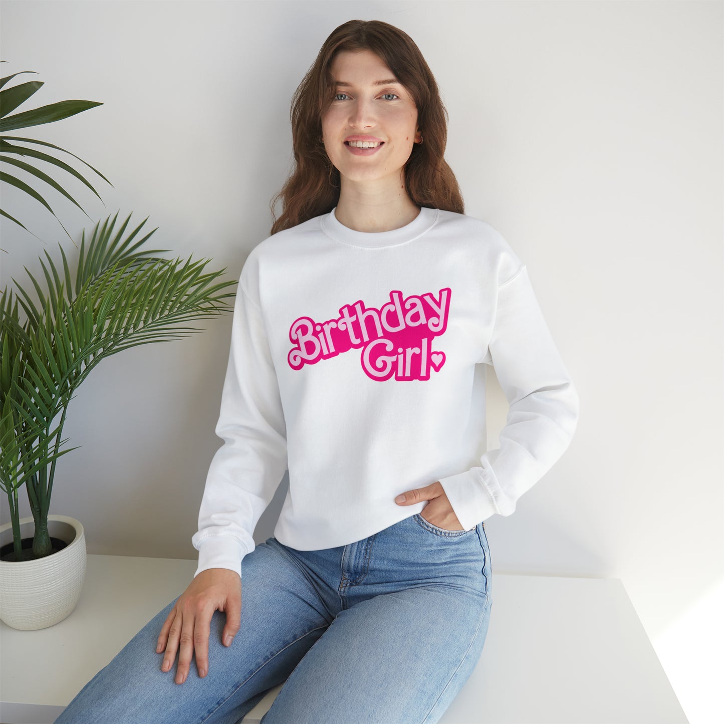Birthday Girl with Hot Pink Barbie Font Heavy Blend™ Crewneck Sweatshirt