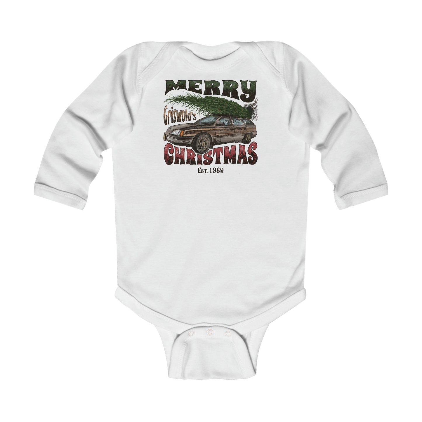 Distressed Merry Griswold's Christmas Tree Station Wagon Holiday Infant Long Sleeve Bodysuit