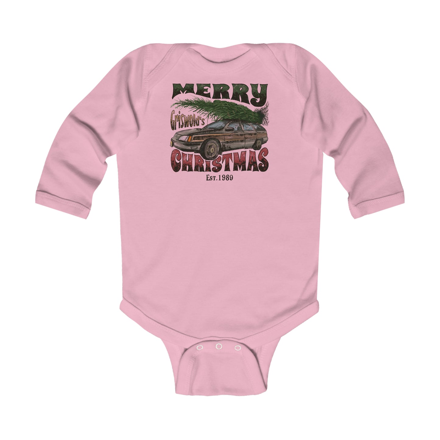 Distressed Merry Griswold's Christmas Tree Station Wagon Holiday Infant Long Sleeve Bodysuit