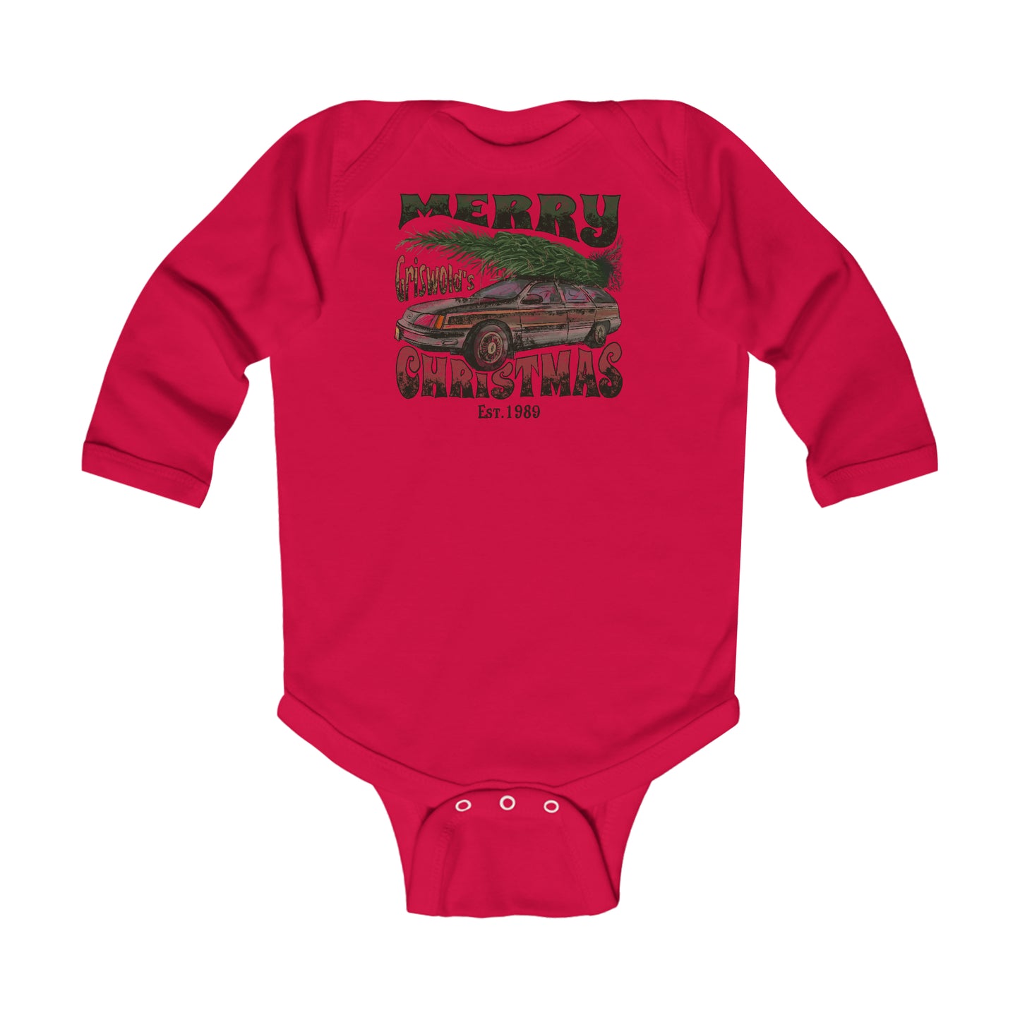 Distressed Merry Griswold's Christmas Tree Station Wagon Holiday Infant Long Sleeve Bodysuit