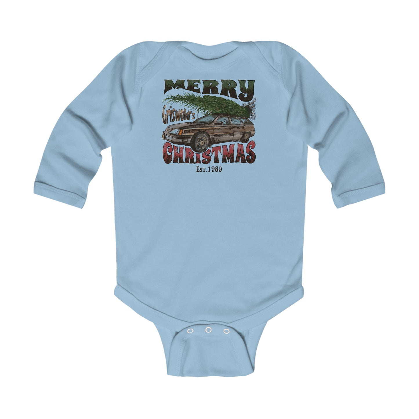 Distressed Merry Griswold's Christmas Tree Station Wagon Holiday Infant Long Sleeve Bodysuit