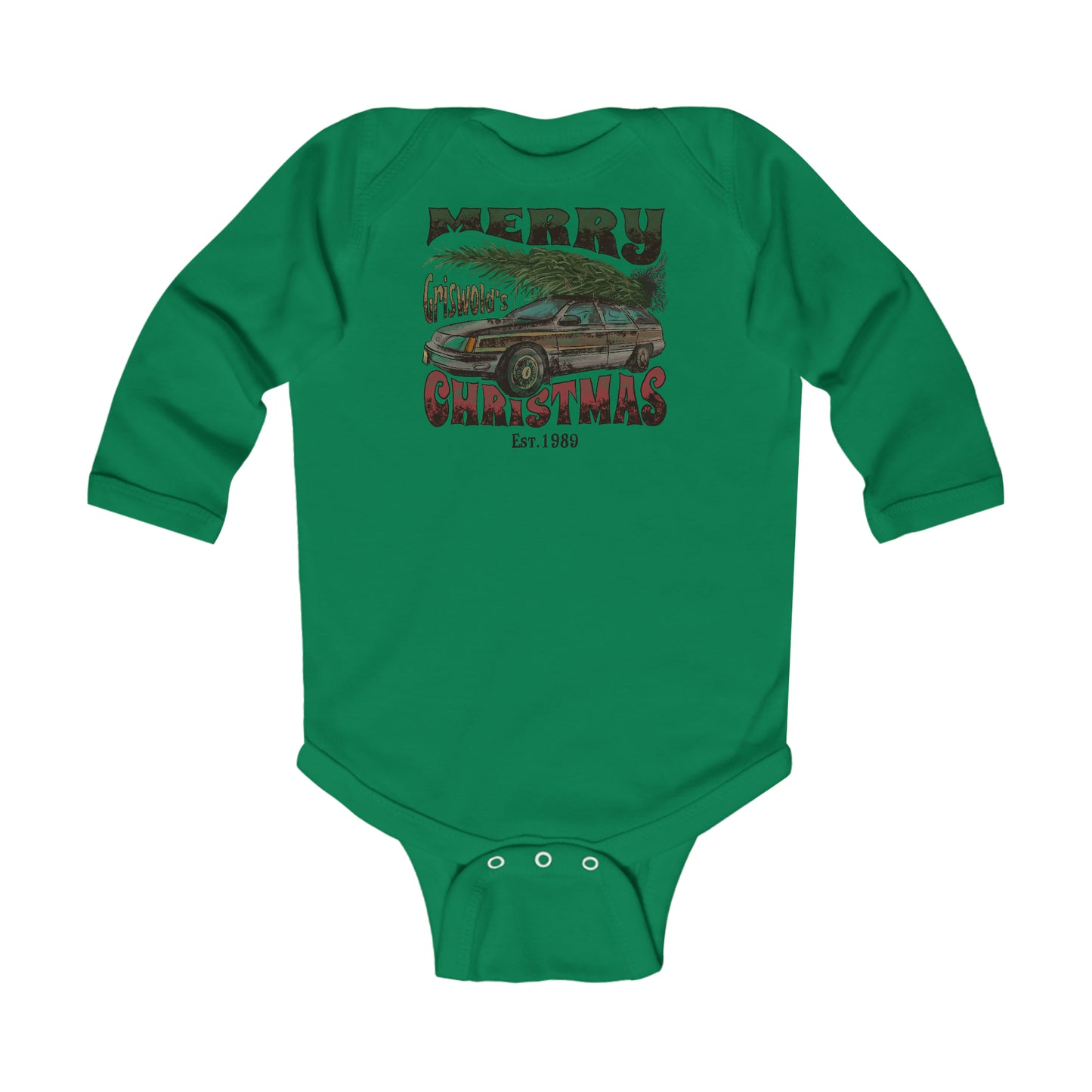 Distressed Merry Griswold's Christmas Tree Station Wagon Holiday Infant Long Sleeve Bodysuit