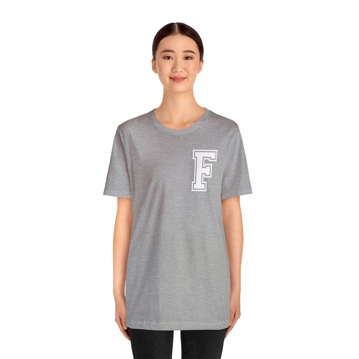 Front and Back Design - Varsity F Vertical Freeburg Midgets Logo Bella Jersey Short Sleeve Tee (Unisex)