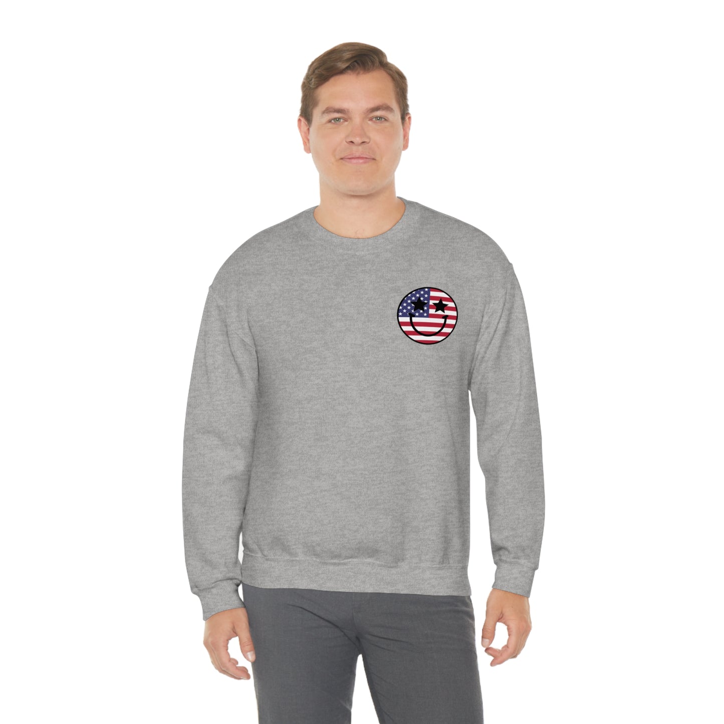 "Land of the Free Because of the Brave with Smiley Face Front" (Front & Back Design) - Unisex Heavy Blend™ Crewneck Sweatshirt