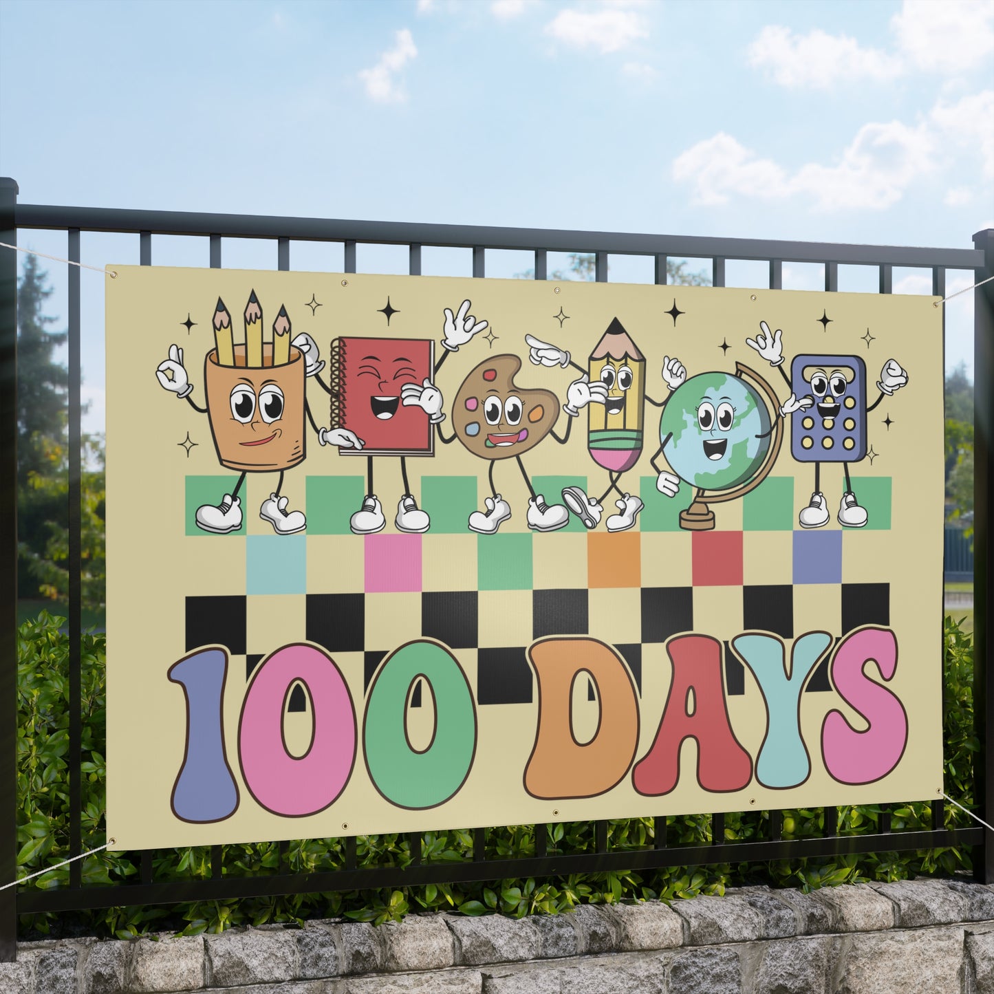 100 Days of School School Checkerboard Supply Characters Matte Banner