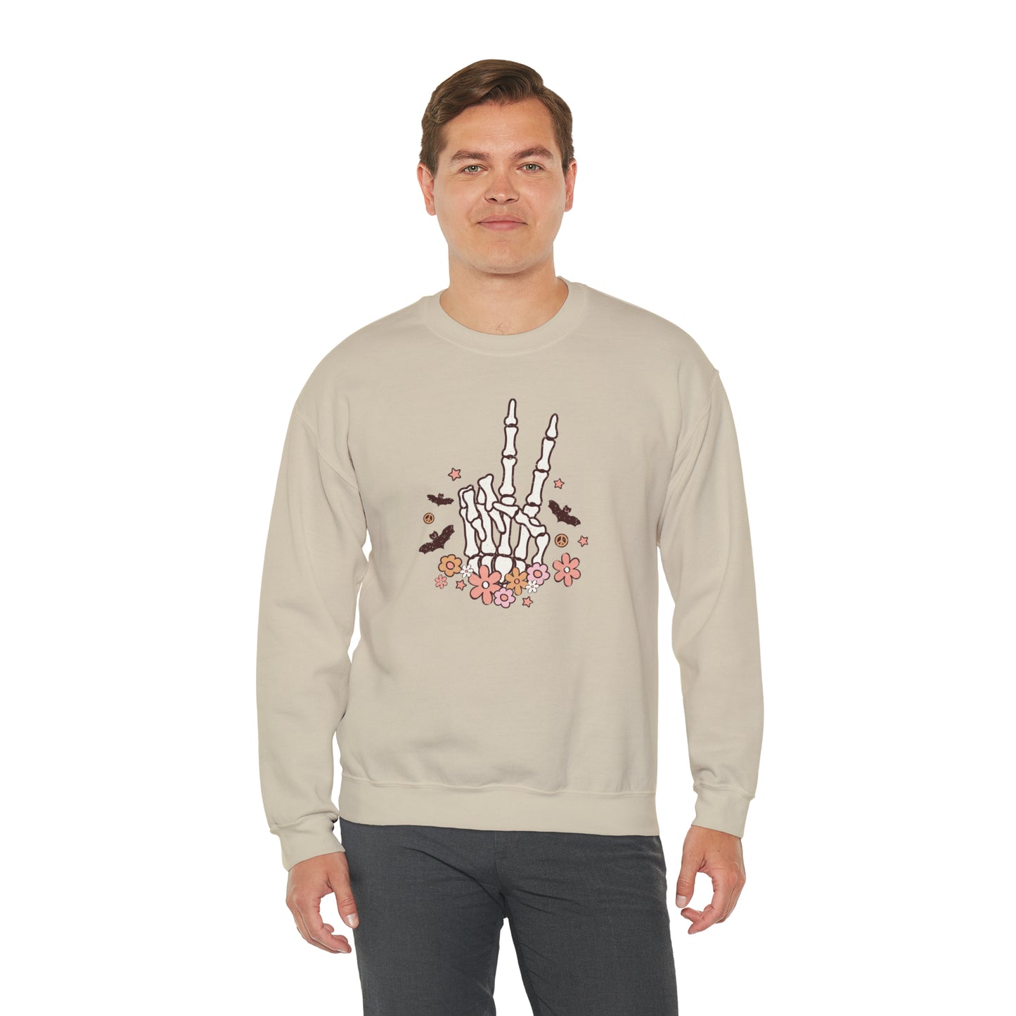 Boho Skeleton Floral Piece Sign Hand Fall Halloween Retro Warm Colored Unisex Heavy Blend™ Crewneck Sweatshirt