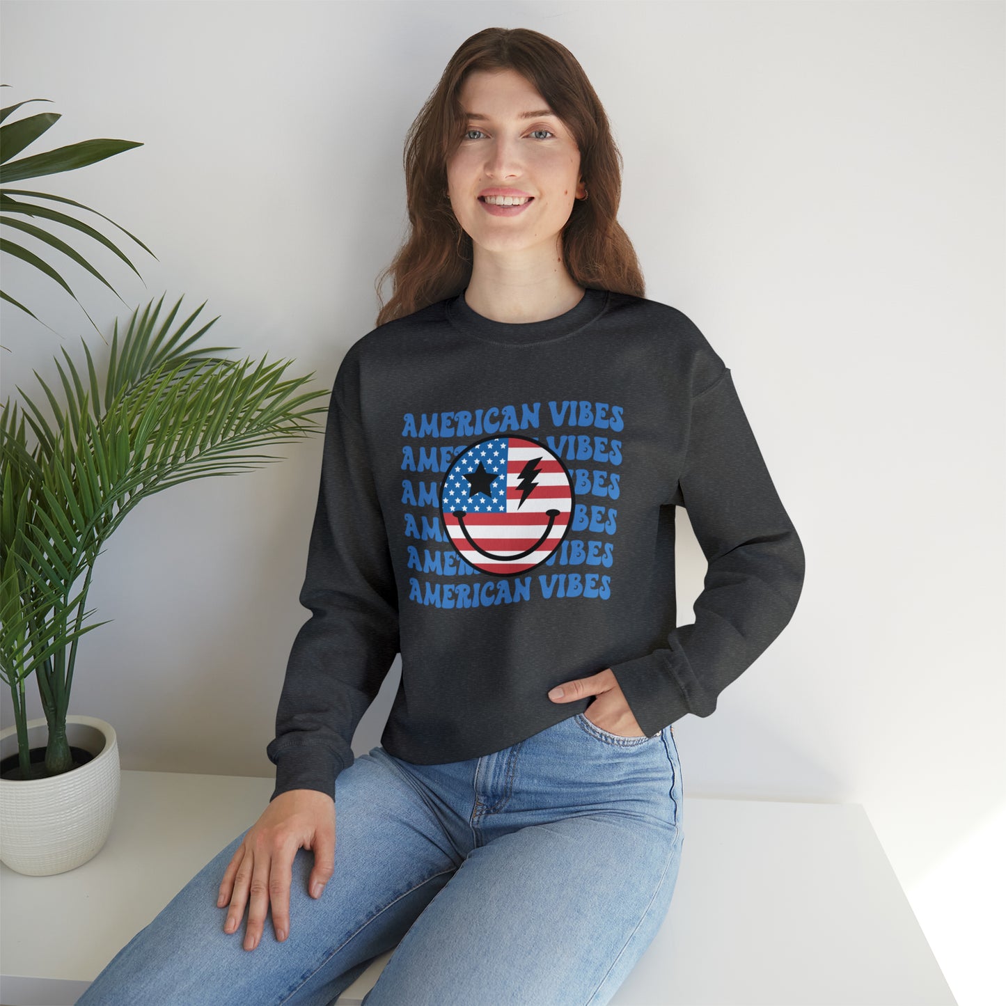 USA American Vibes Flag Smiley Face Heavy Blend™ Crewneck Sweatshirt