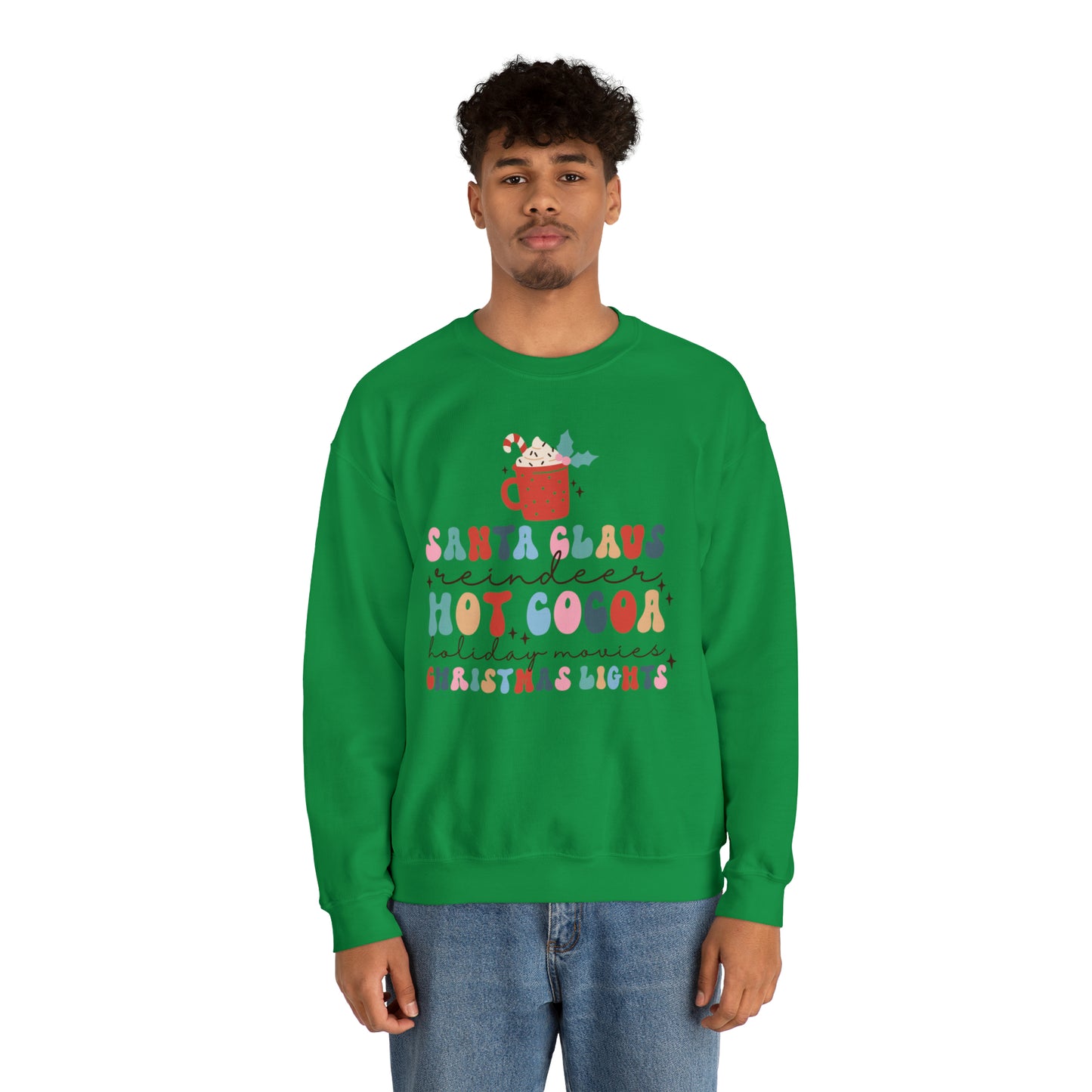 Santa Claus Reindeer Hot Cocoa Christmas Lights Heavyweight Crewneck Sweatshirt