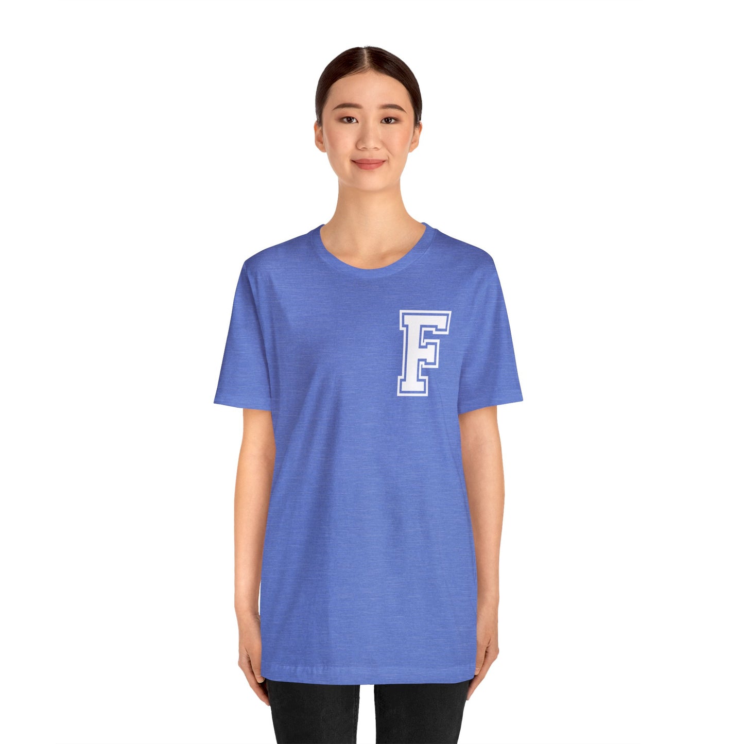 Front and Back Design - Varsity F Vertical Freeburg Midgets Logo Bella Jersey Short Sleeve Tee (Unisex)