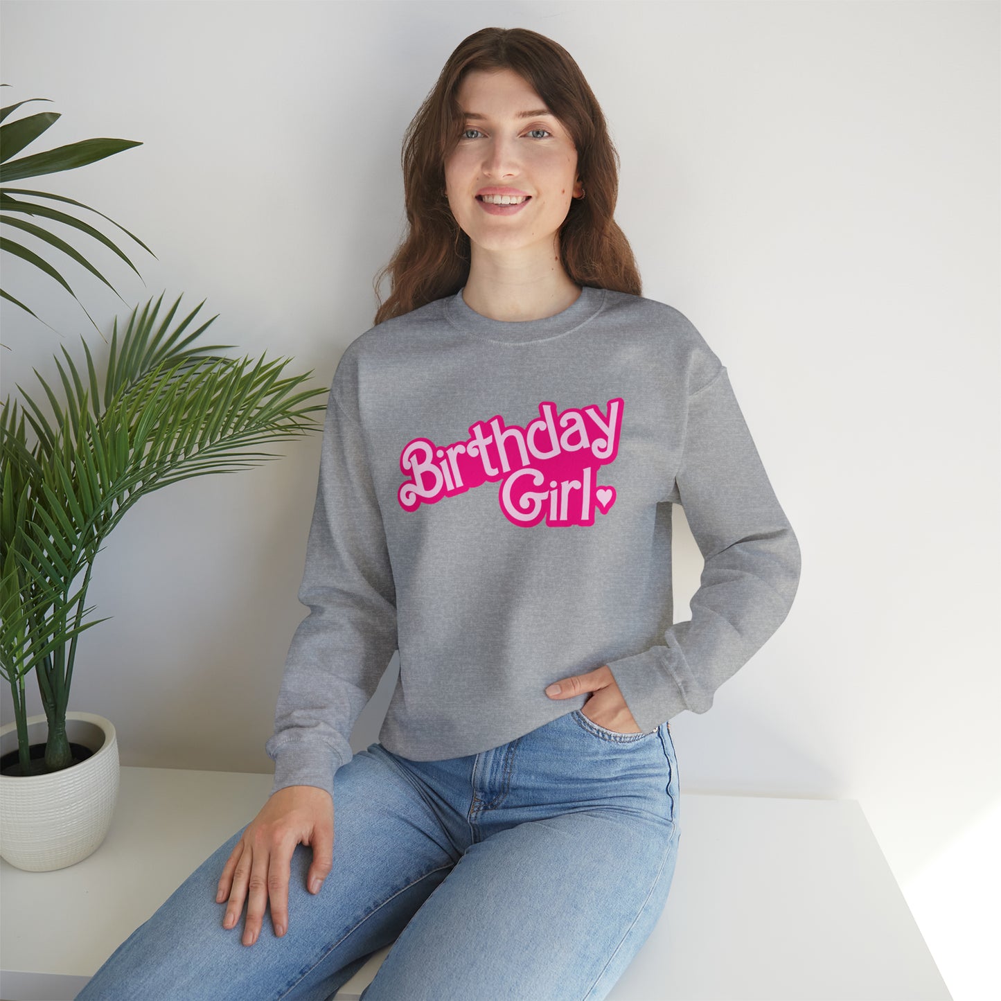 Birthday Girl with Hot Pink Barbie Font Heavy Blend™ Crewneck Sweatshirt