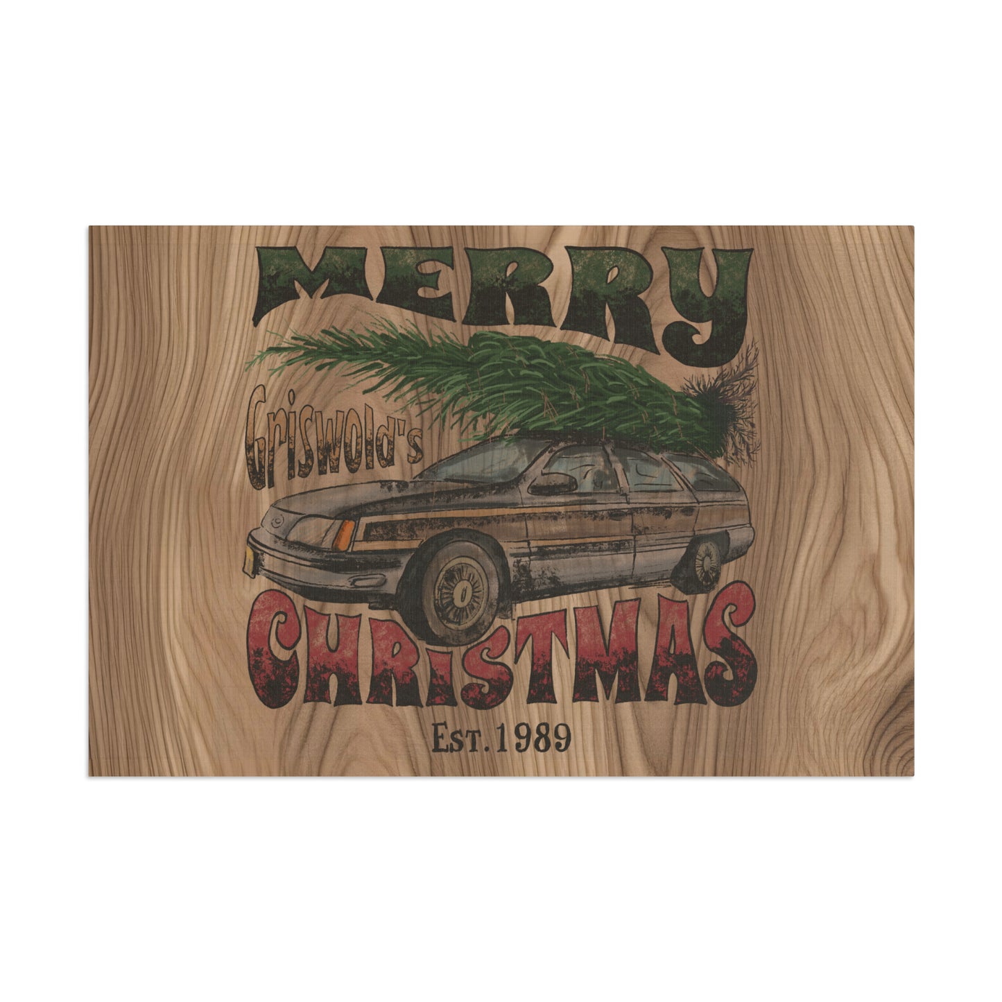Distressed Merry Griswold's Christmas Tree Station Wagon Holiday Wooden Print Flag